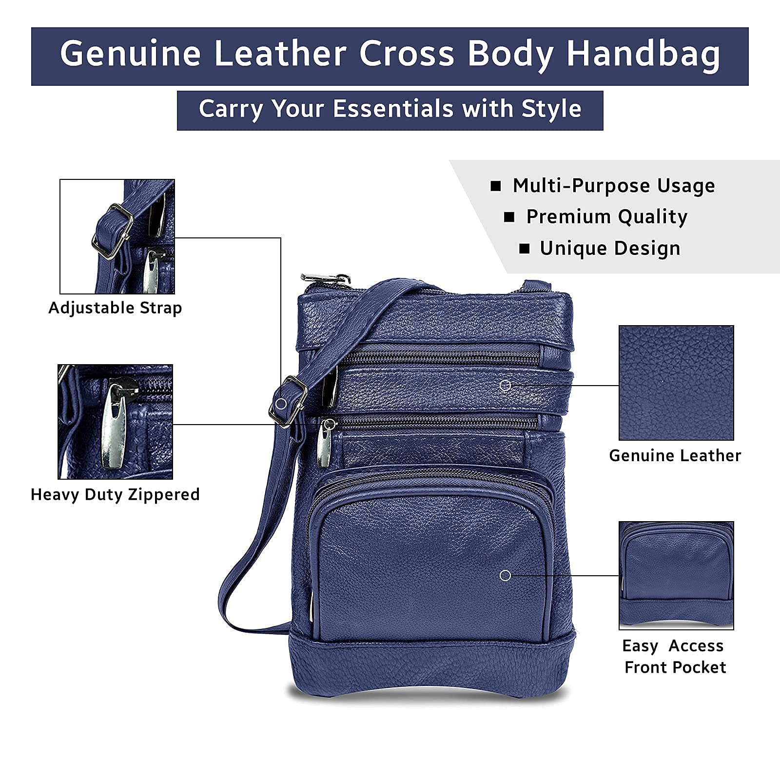 Krediz Genuine Leather Crossbody Purse for Women - Multi Pocket Shoulder Bag with Adjustable Strap, Soft & Durable Handbag for Daily Use, Travel, Shopping & Work