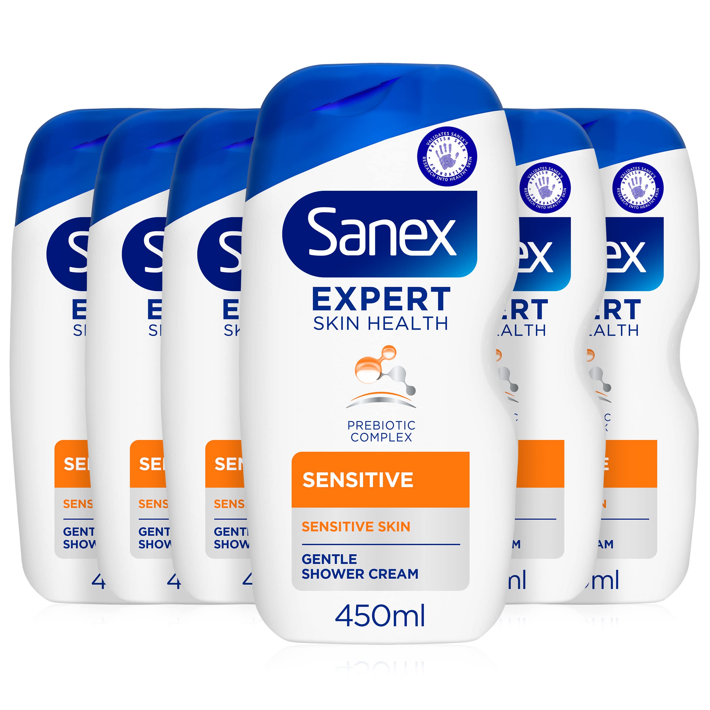 Sanex Expert Skin Health Sensitive Shower Gel - Dermatologist Tested Gentle Body Wash for Sensitive Skin - 6 Pack (450ml Each) - Hydrating & Soothing Formula for Daily Shower & Post-Workout Care