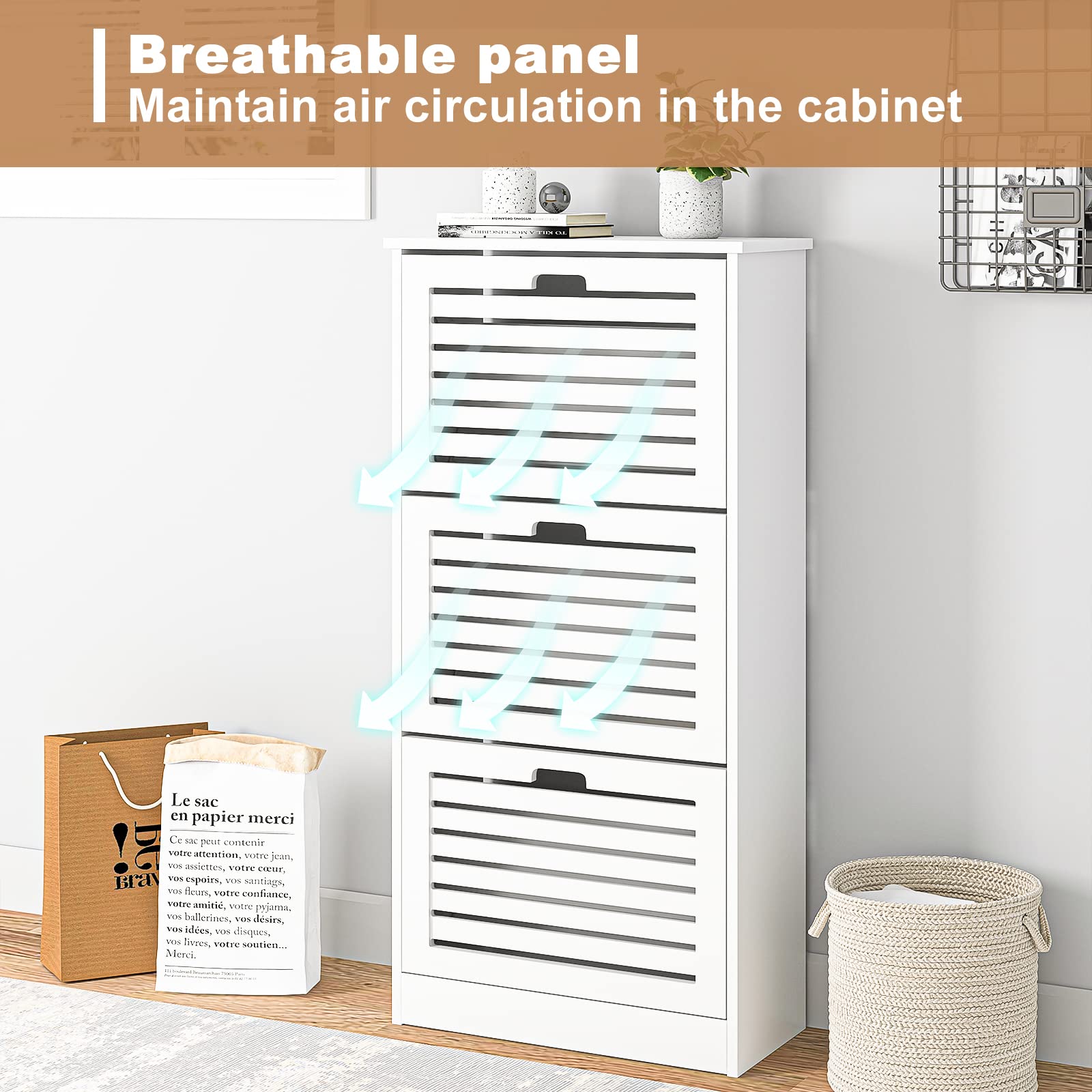 VERYKE 3-Drawer Wooden Shoe Storage Cabinet - White Modern Shoe Organizer with Flip Doors & Anti-Tip Device - Freestanding Entryway Shoe Rack for Hallway, Living Room, Bedroom & Closet Organization