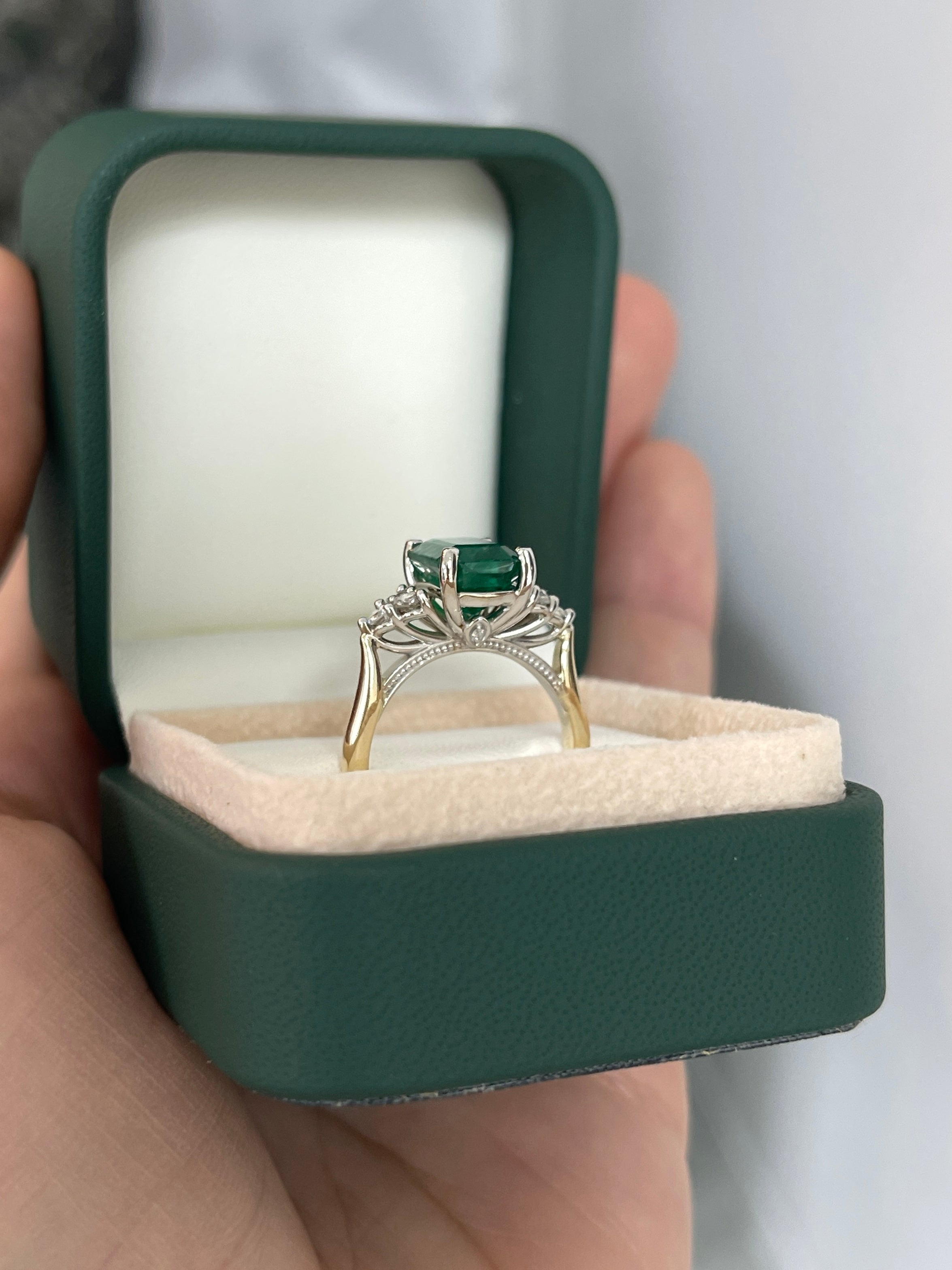 3.64tcw Emerald & Diamond Cluster 7 Stone 14K Two Tone Engagement Ring for Women - Perfect for Proposals, Anniversaries & Bridal Jewelry