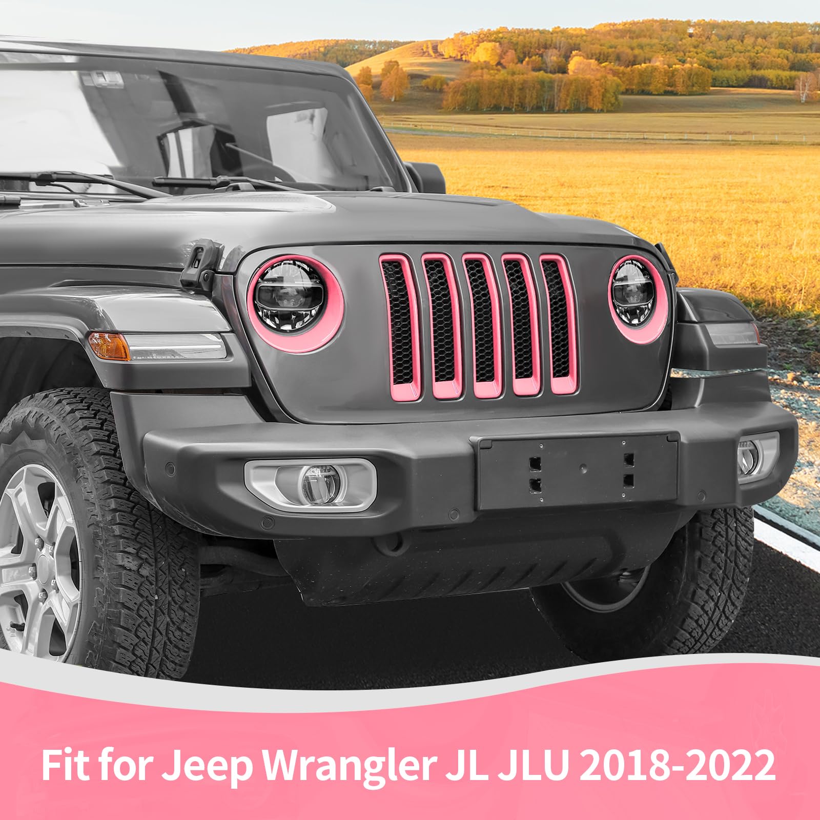 RT-TCZ Pink Mesh Front Grille Insert & Headlight Cover Trim Kit for Jeep Wrangler JL/JLU (2018-2022) - 9-Piece Exterior Accessories Set for Off-Road Protection & Style Enhancement