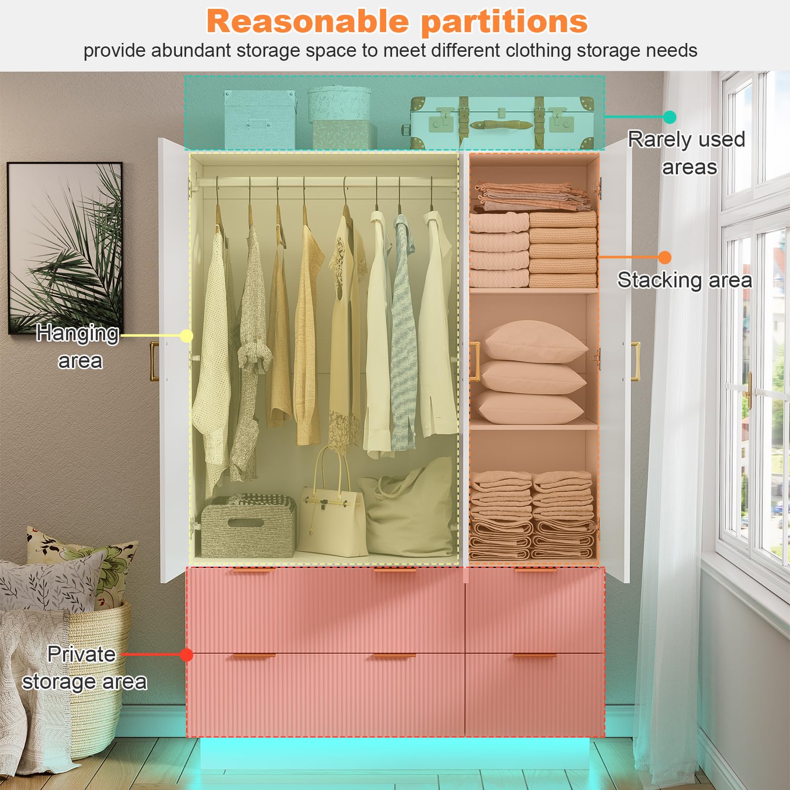 PAKASEPT 3-Door Wardrobe Closet with Mirror & LED Lights - Large Capacity Storage Armoire with Hanging Rod & Drawers for Bedroom - Perfect for Bedroom Organization, Guest Room Storage, and Apartment Living