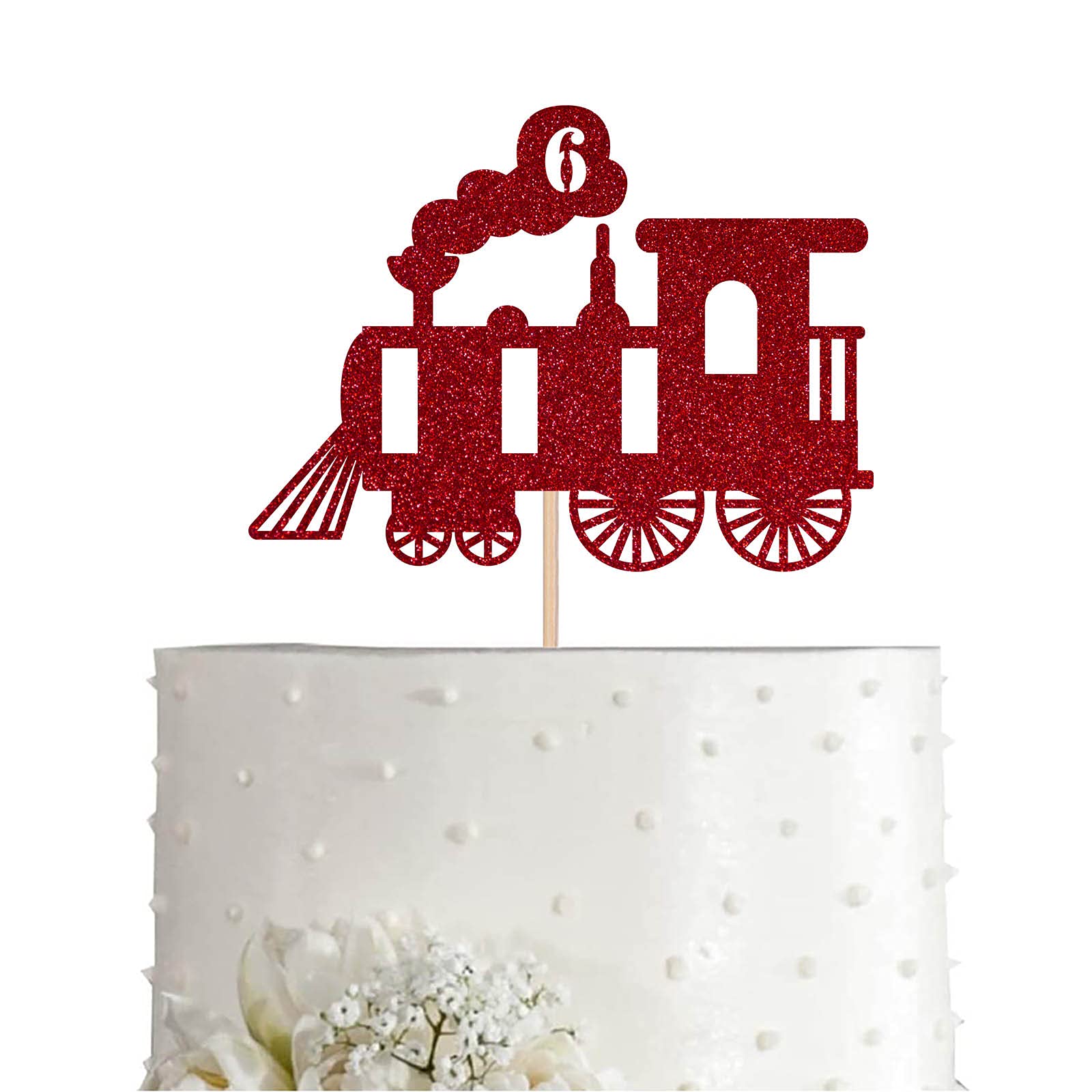Red Glitter Train Cake Topper for 6th Birthday Party | Boy & Girl 6 Years Old Celebration Decoration | Perfect for Birthday Cakes, Cupcakes & Dessert Tables