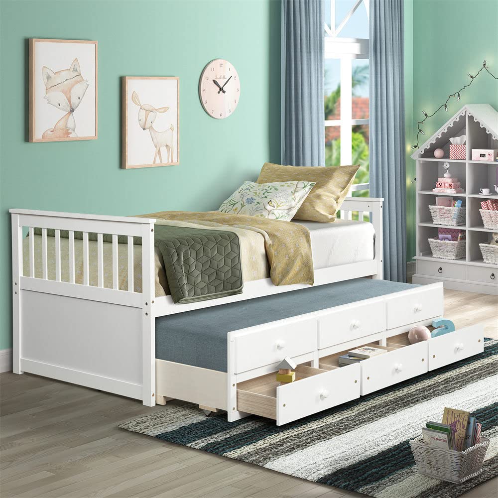 Twin Size Wooden Daybed with Trundle & 3 Storage Drawers - Captain's Bed Frame with Headboard & Footboard - No Box Spring Needed - White Platform Sofa Bed for Kids & Teens - Perfect for Guest Rooms, Dormitories & Small Spaces