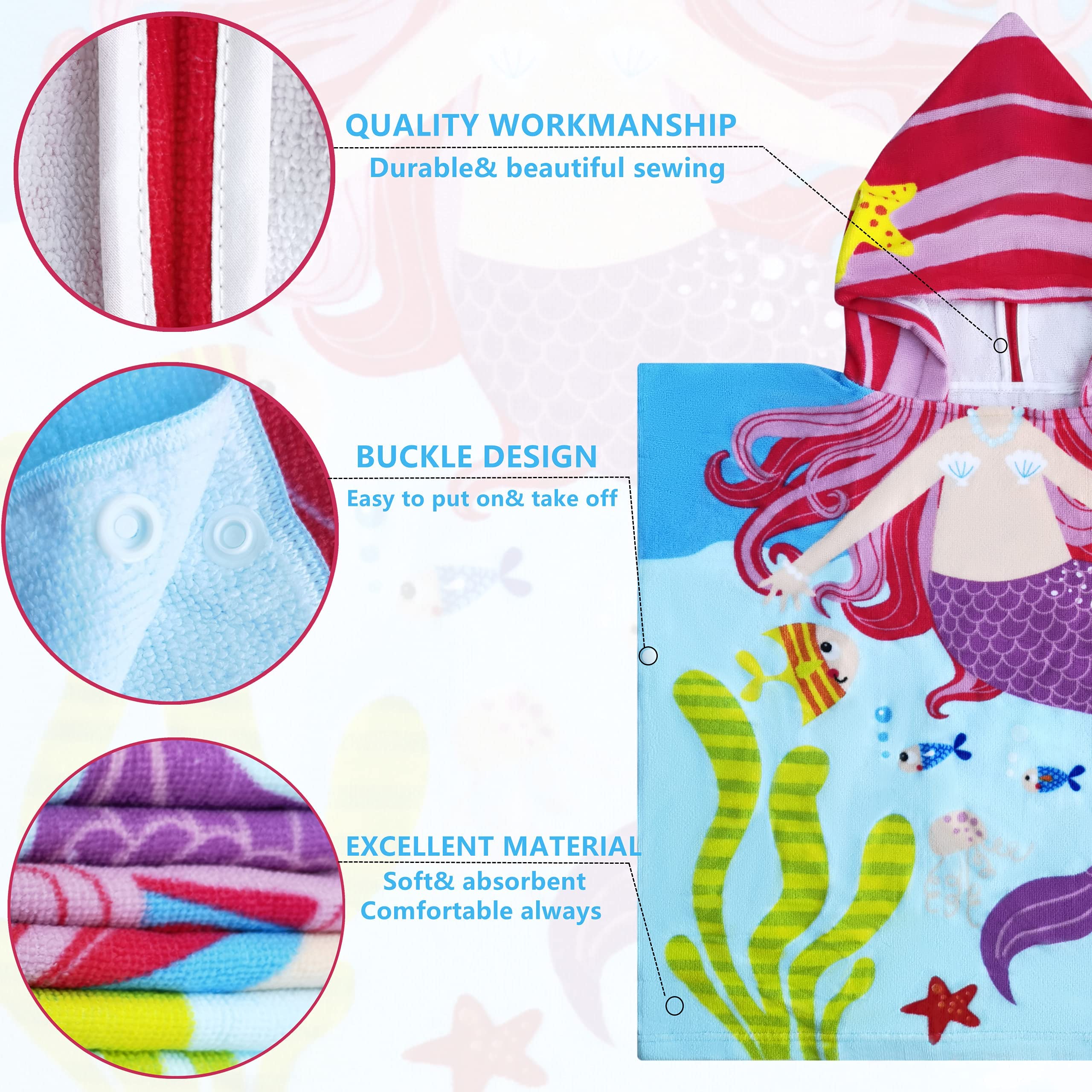 Lightweight Microfiber Hooded Beach Towel for Kids & Toddlers - Quick Dry Bath/Pool/Swim Poncho Cover Up with Carry Bag - 3D Mermaid Design - Perfect for Beach Days, Swimming Lessons & Family Vacations