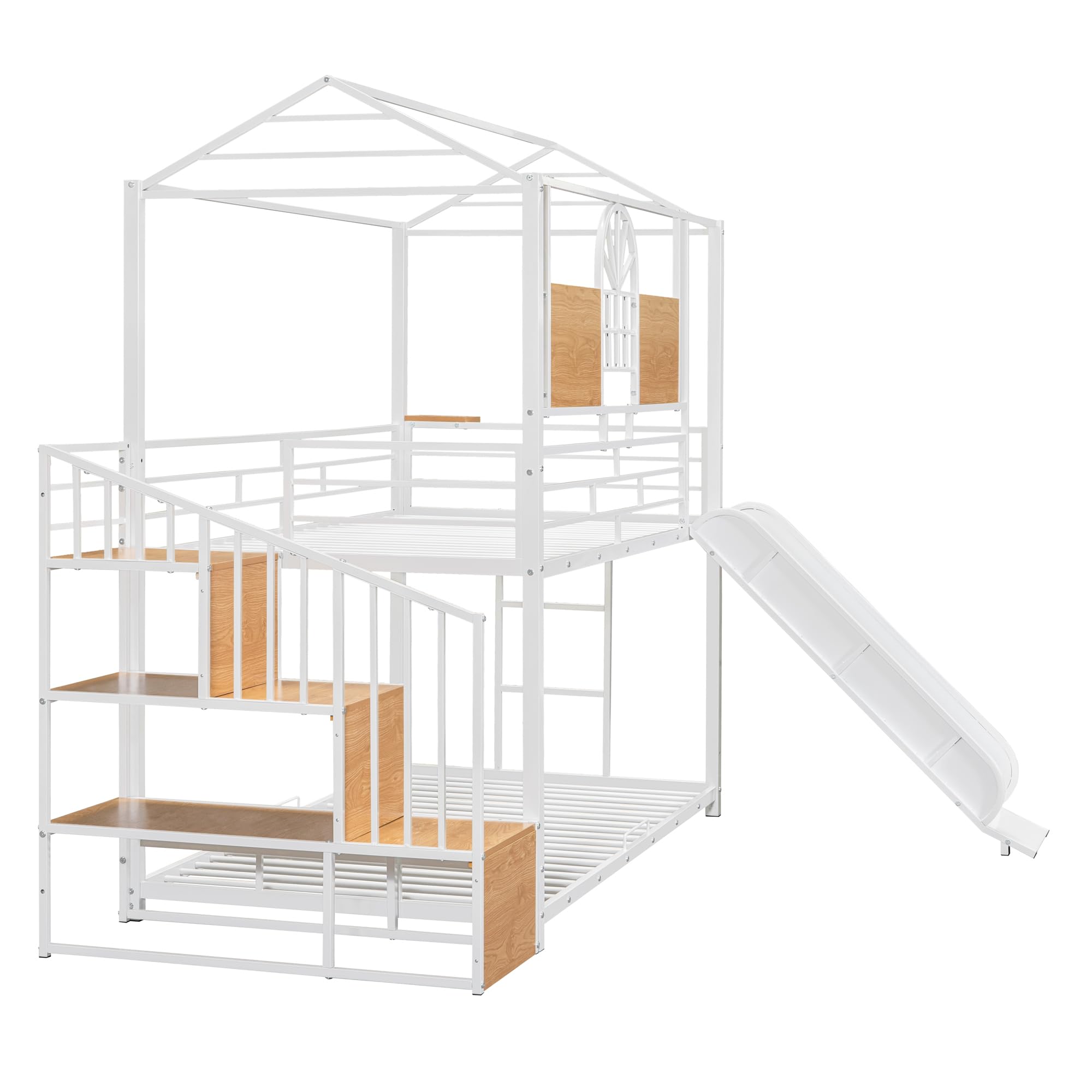Twin Over Twin Low Bunk Bed with Slide & Stairs - Sturdy Metal Frame Kids Bunk Bed with Storage Shelves for Boys, Girls & Teens - Perfect for Small Bedrooms, Shared Kids Rooms & Sleepovers - White