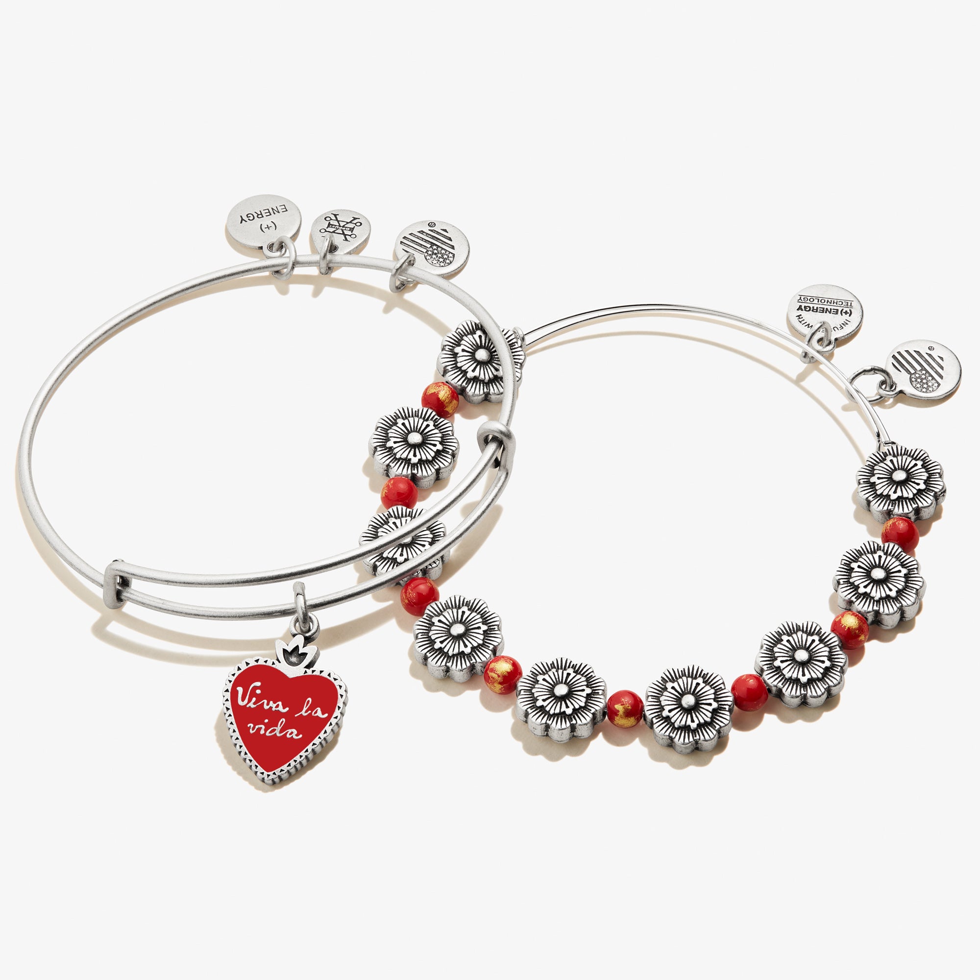 Frida Kahlo 'Viva la Vida' Sacred Heart Charm Bangle Bracelet Set of 2 - Mexican Folk Art Inspired Jewelry for Women, Perfect for Day of the Dead Celebrations & Boho Fashion Accessories