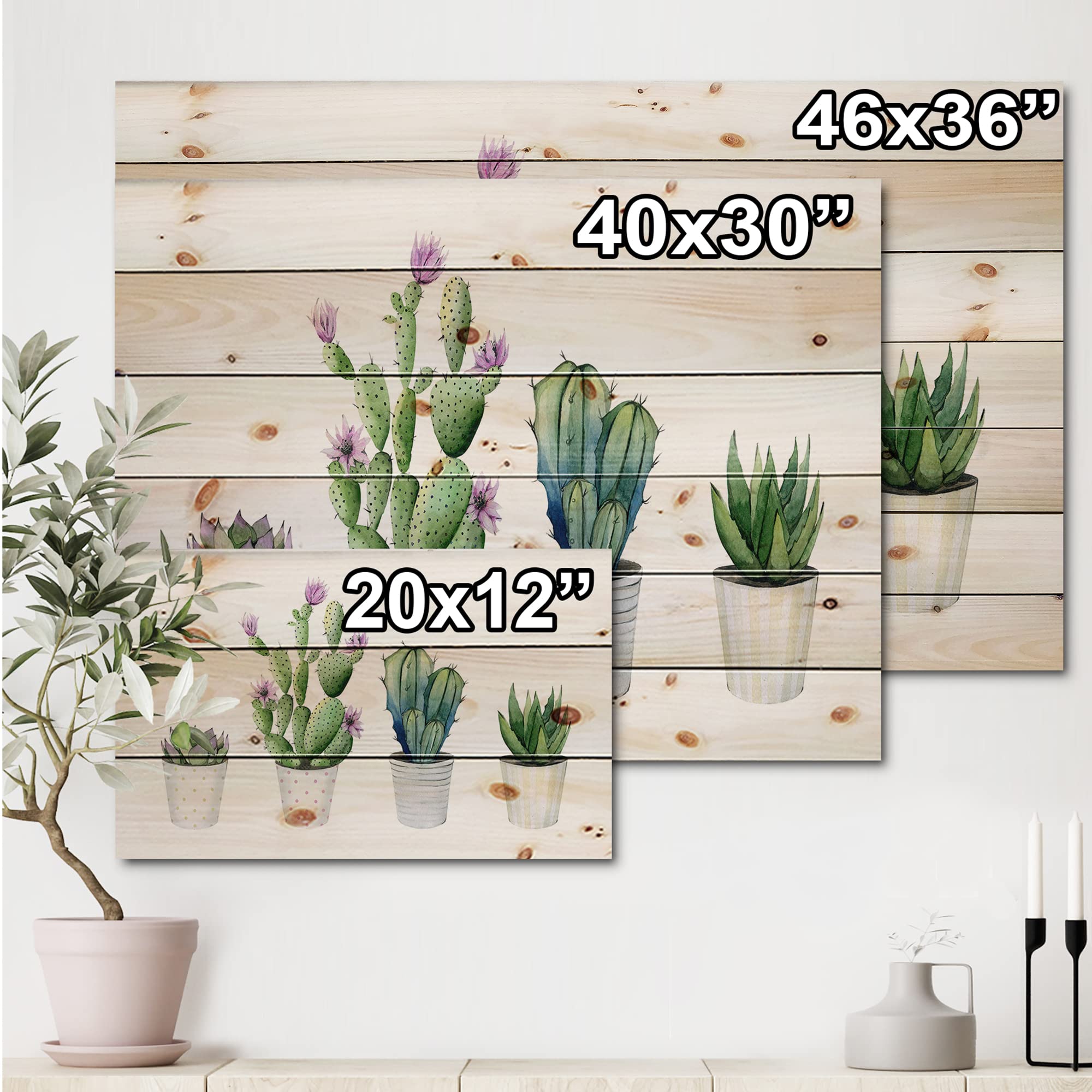 DesignQ Cactus Succulent Plant Wall Art - Farmhouse Wood Decor for Home & Office