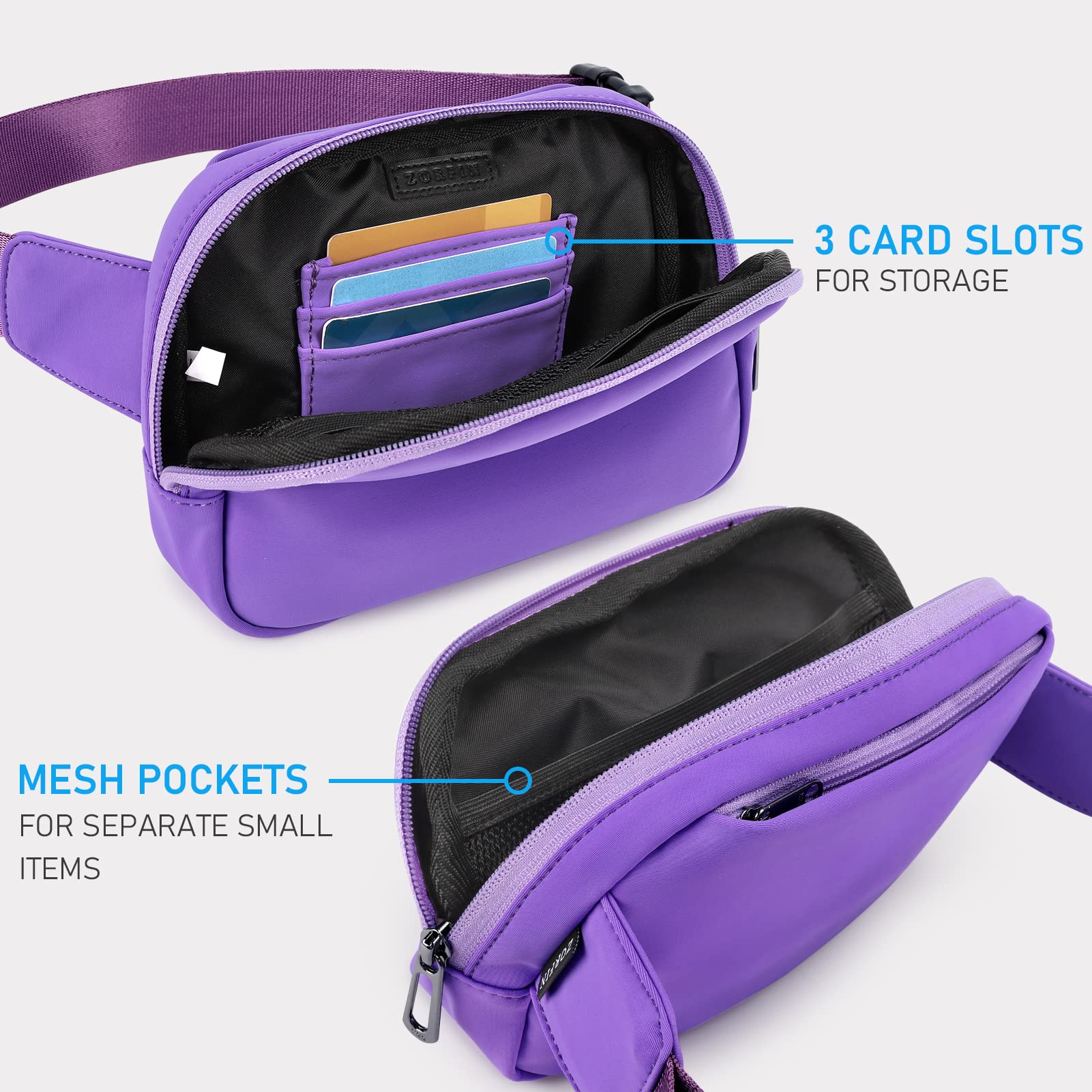ZORFIN Adjustable Crossbody Fanny Pack for Women & Men - Light Purple Belt Bag for Hiking, Running, Travel - Hands-Free Waist Pack for Outdoor Activities, Concerts & Daily Use