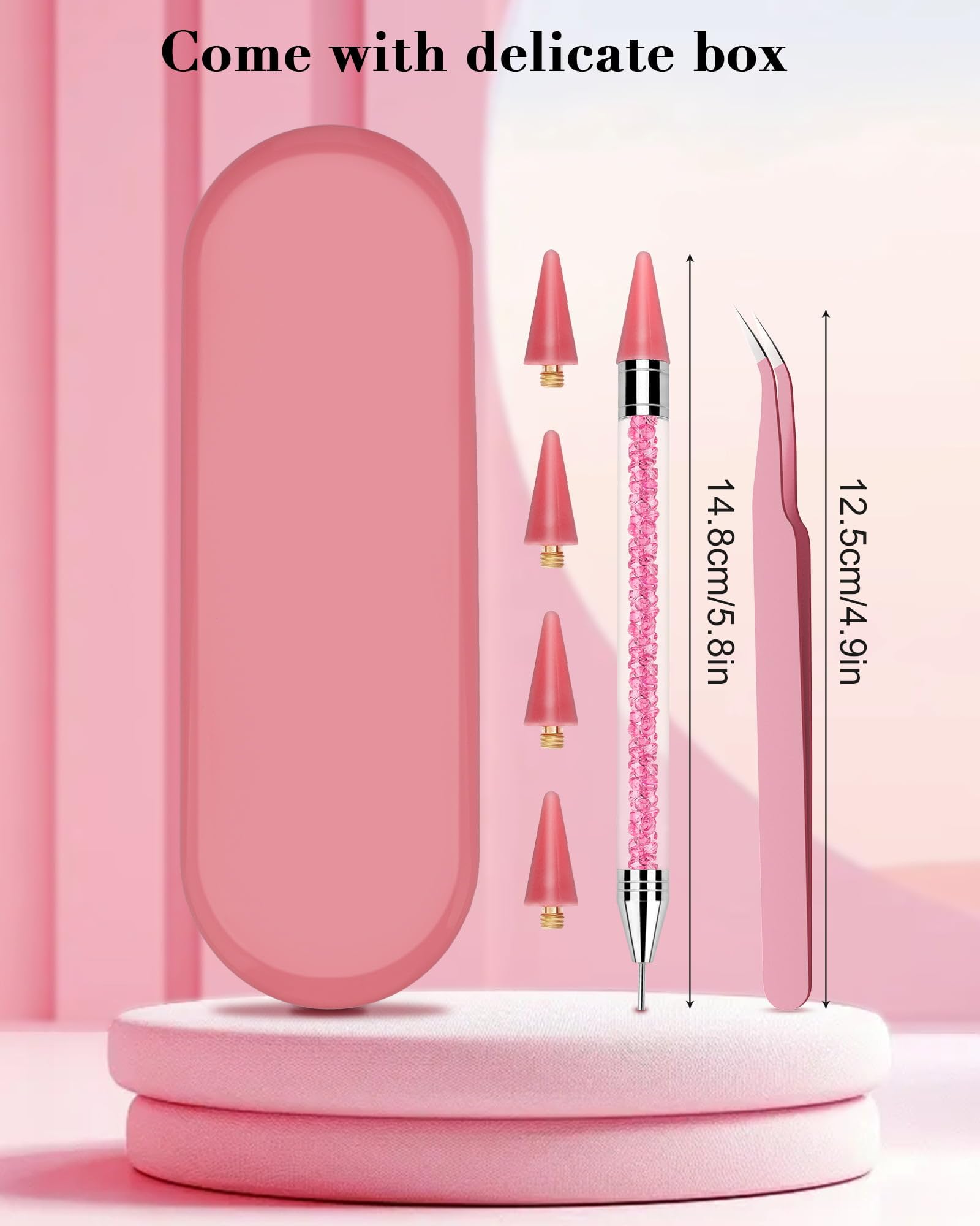 Rolybag Dual-Ended Rhinestone Picker & Applicator Tool with 4 Replaceable Wax Tips & Tweezers - Perfect for DIY Nail Art, Jewelry Making & Craft Projects (Pink)