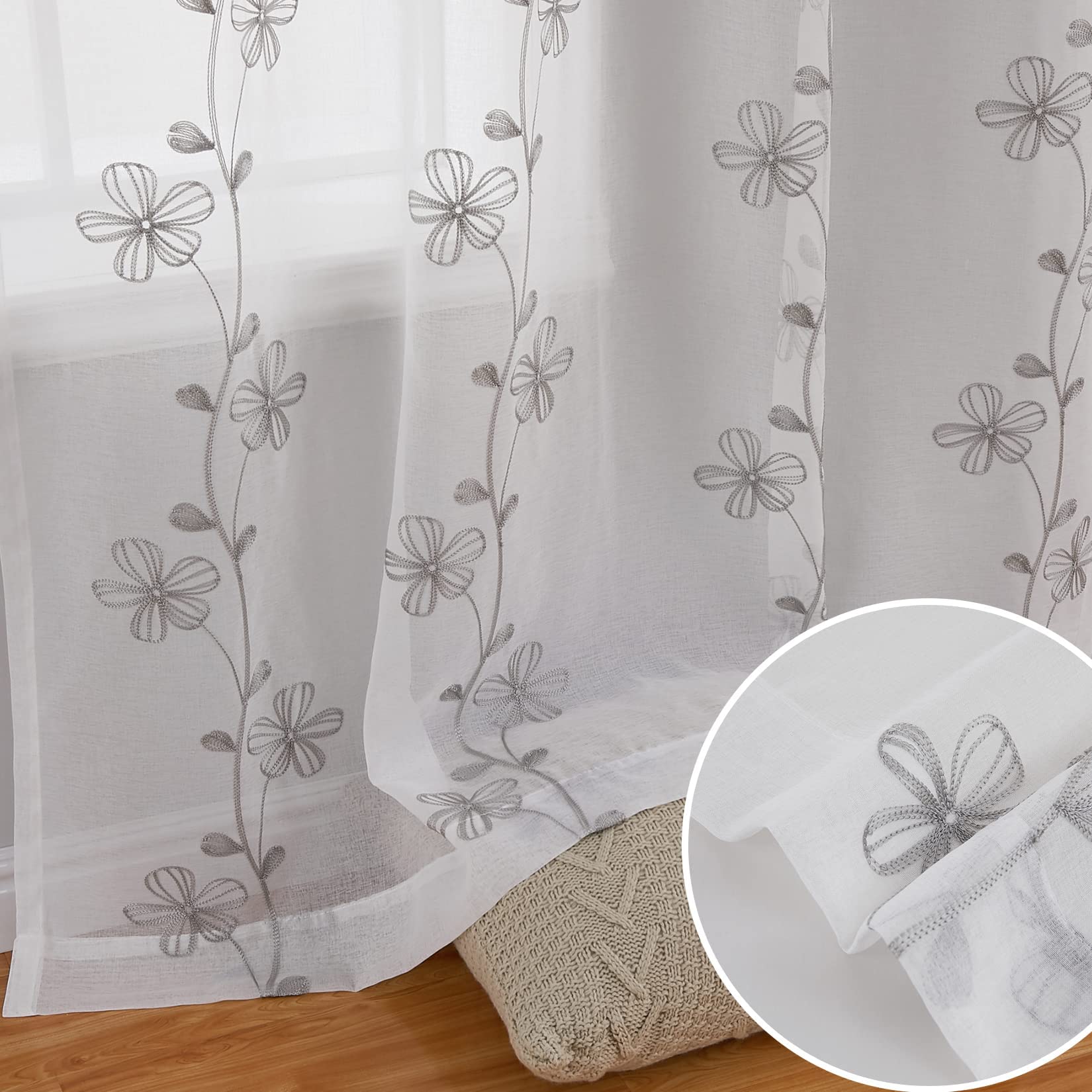 CAROMIO Semi Sheer Floral Embroidered Voile Curtains - Grey 52