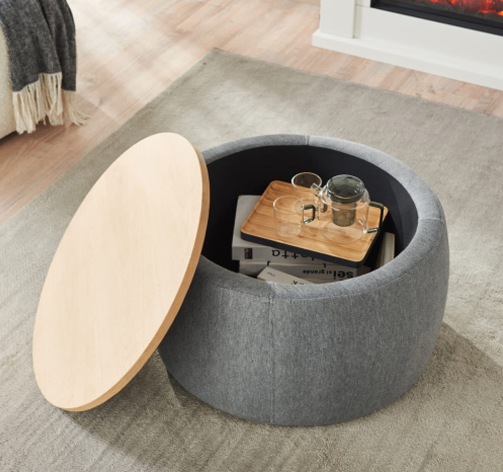 Modern Round Storage Ottoman Coffee Table with Reversible Lid Tray - 5-in-1 Multifunctional Living Room Furniture (25.5