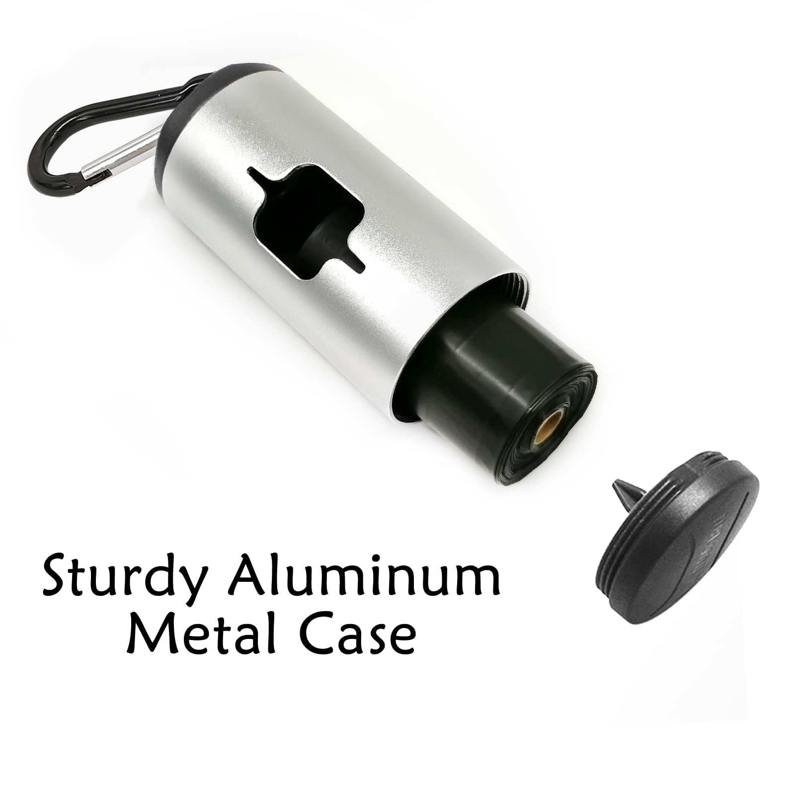 Durable Aluminum Dog Poop Bag Holder with Carabiner Clip - Metal Pet Waste Dispenser with Hook & Loop Fastener, Elastic Cord for Used Bags (Silver, Includes 195 Bags) - Perfect for Walking, Hiking, and Outdoor Adventures with Your Dog
