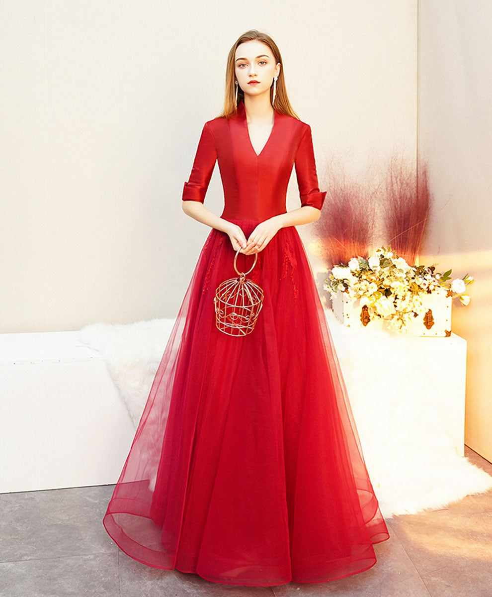 Elegant Red V-Neck Satin Long Prom Dress with Tulle Skirt - Formal Evening Gown for Homecoming, Ball, and Special Occasions