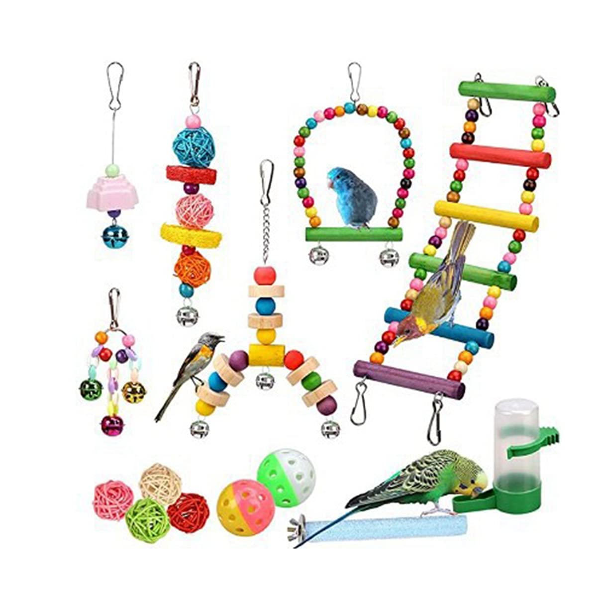 10 Pcs Colorful Bird Swing Chewing Toys for Parrots - Natural Wood Ladder, Hanging Climbing Bridge with Bell - Cage Accessories for Small Birds | Perfect for Play, Exercise & Mental Stimulation