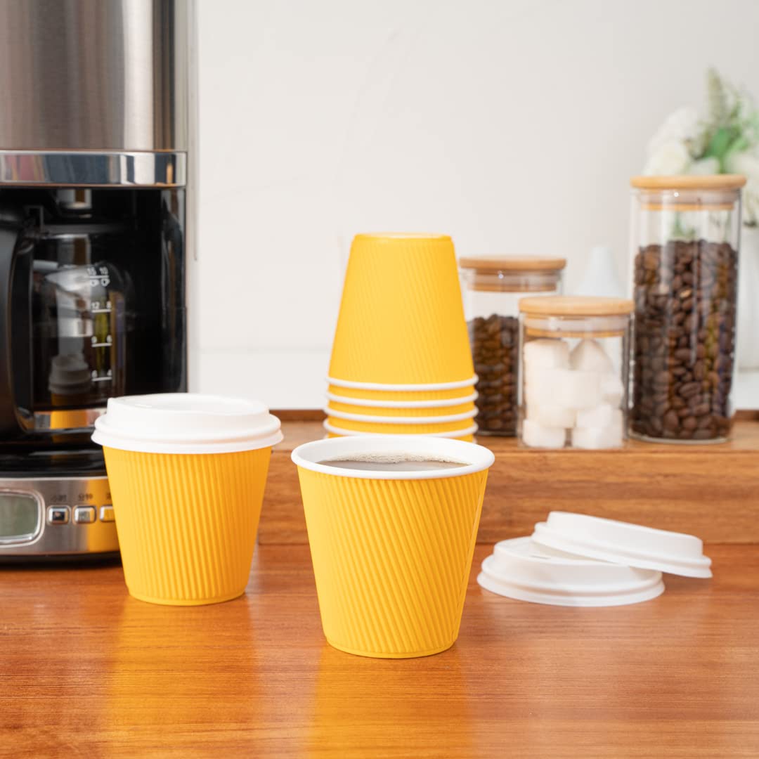 8oz Insulated Coffee Cups with Lids (20 Pack) - Leakproof & Non-Slip Yellow Disposable Paper Cups for Hot Beverages - Perfect for Coffee, Tea, Hot Cocoa & Lattes at Cafes, Offices or Home Use