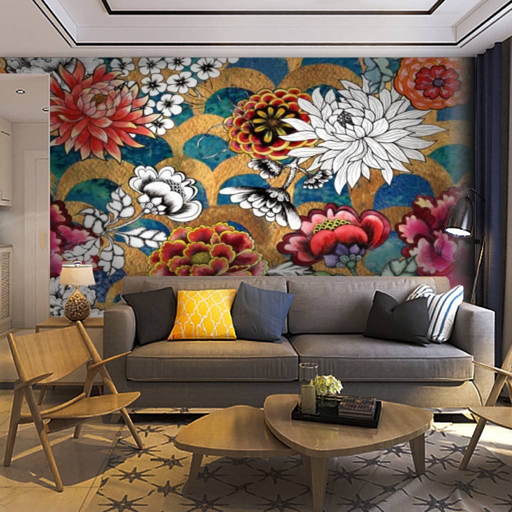 Japanese Cherry Blossom & Koi Fish Peel and Stick Wallpaper - Self-Adhesive Removable Wall Mural for Living Room, Bedroom, Nursery | Asian Inspired Home Decor with Oriental Fans Design