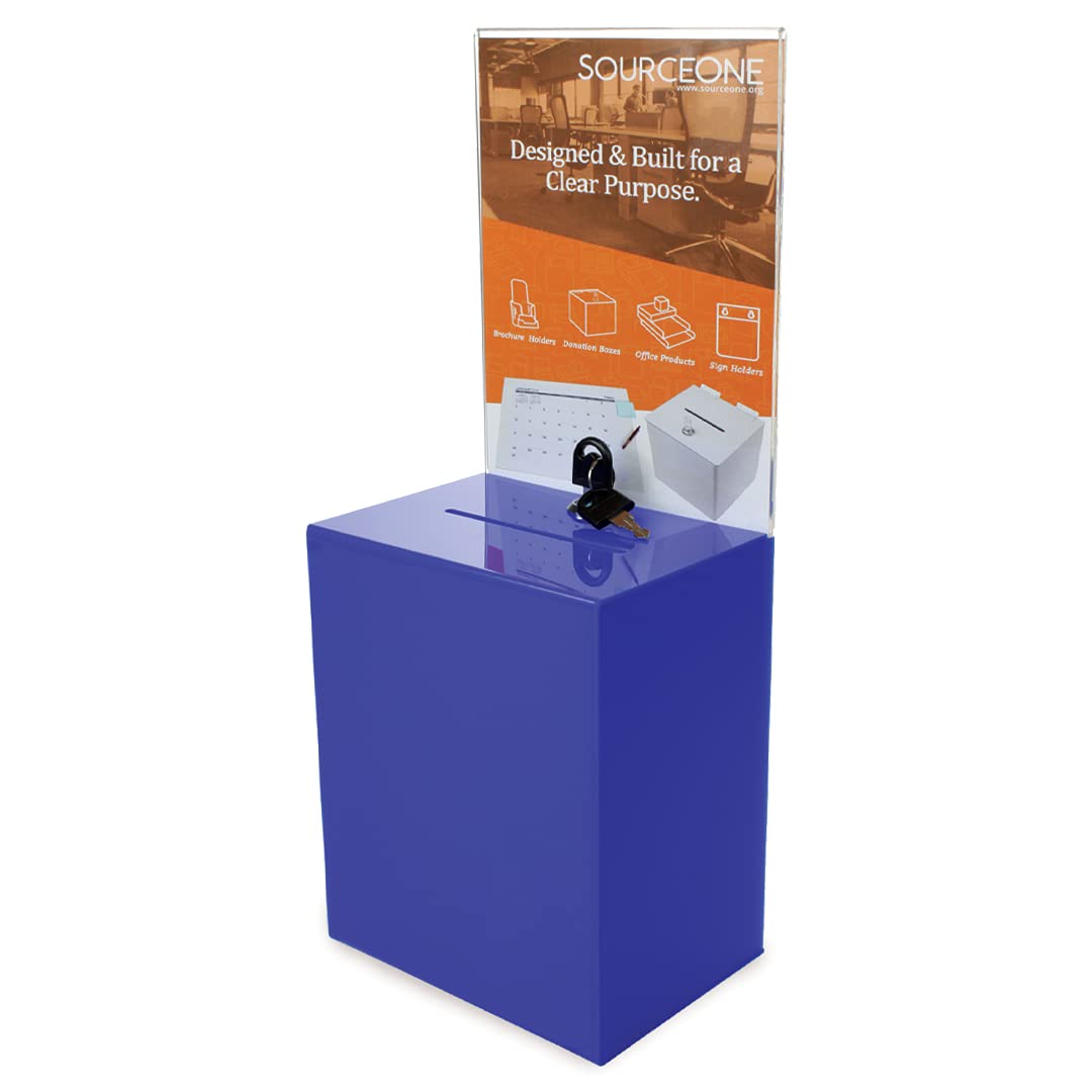 Large Clear Acrylic Donation Box with Lock - Blue Charity Collection Container for Churches, Schools & Fundraising Events