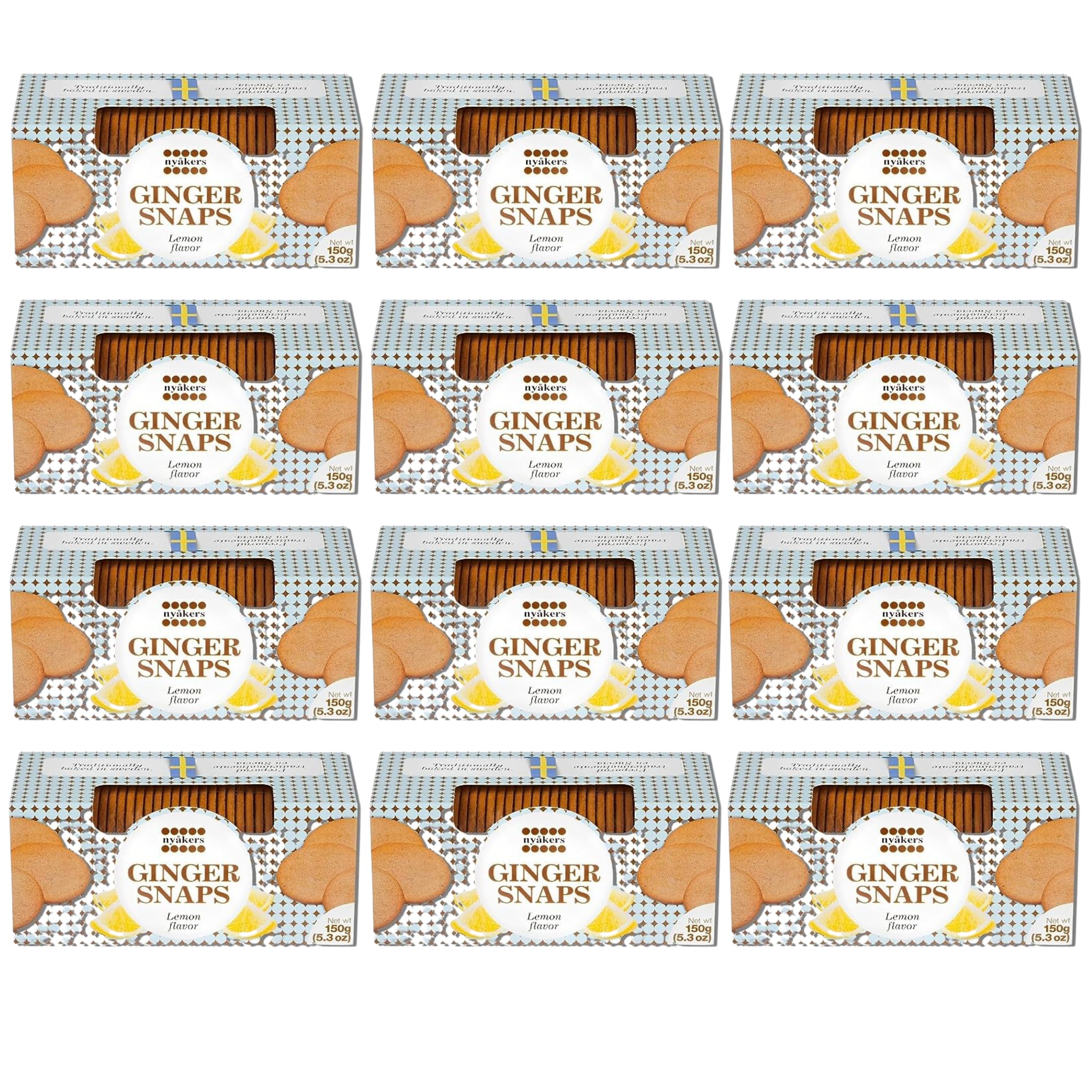 Nyakers Swedish Pepparkakor Lemon Ginger Snaps Cookies - Old Fashioned Thin Ginger Biscuits with Real Ginger & Lemon - Vegan, Palm Oil Free - 5.3oz (Pack of 12) - Perfect for Holiday Gifts, Tea Time & Snacking