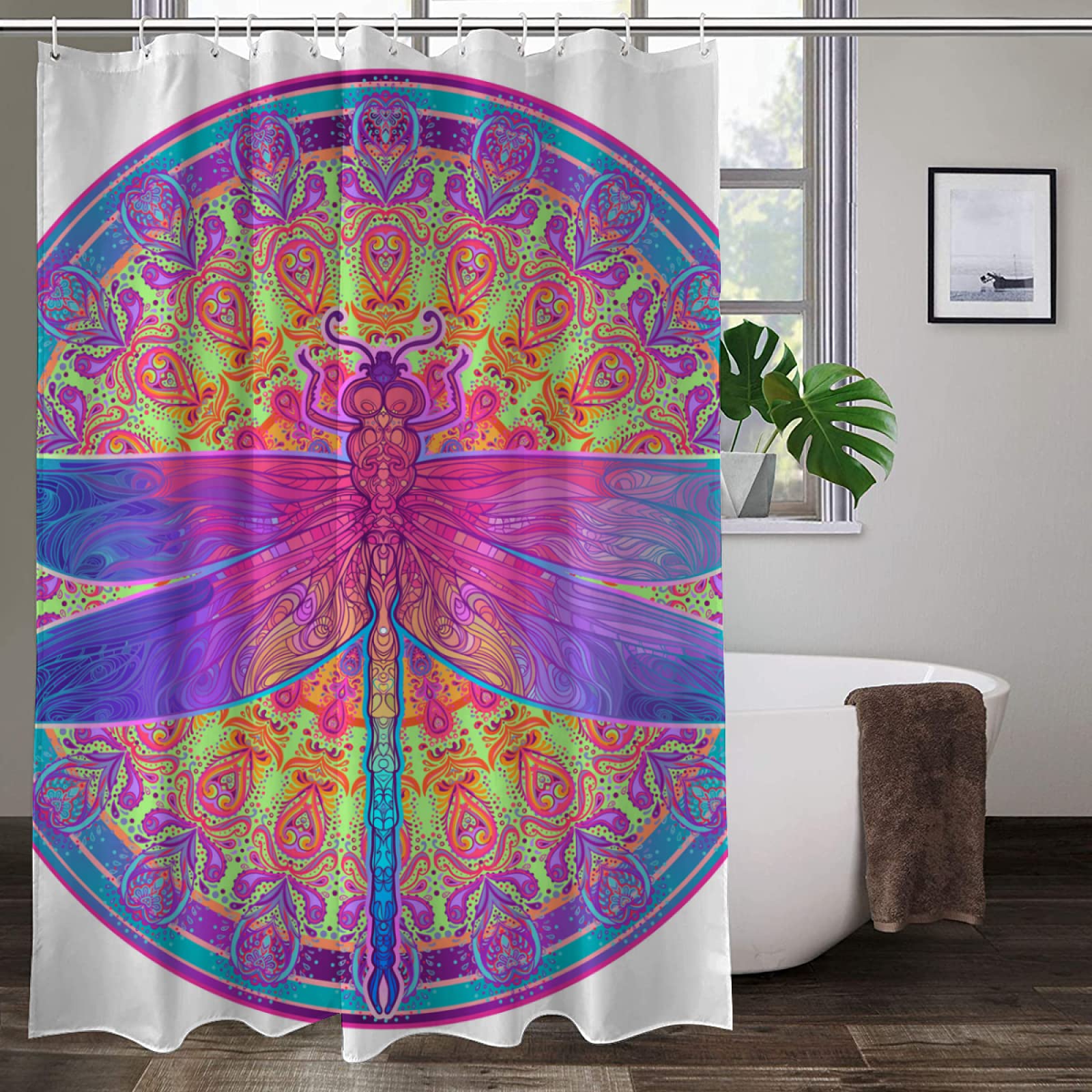 Tribal Dragonfly Waterproof Shower Curtain - Premium Polyester Fabric Bathroom Decor with 12 Hooks, 152x200cm (60x79 inches) - Perfect for Boho, Nature-Inspired & Spa-Like Bathrooms