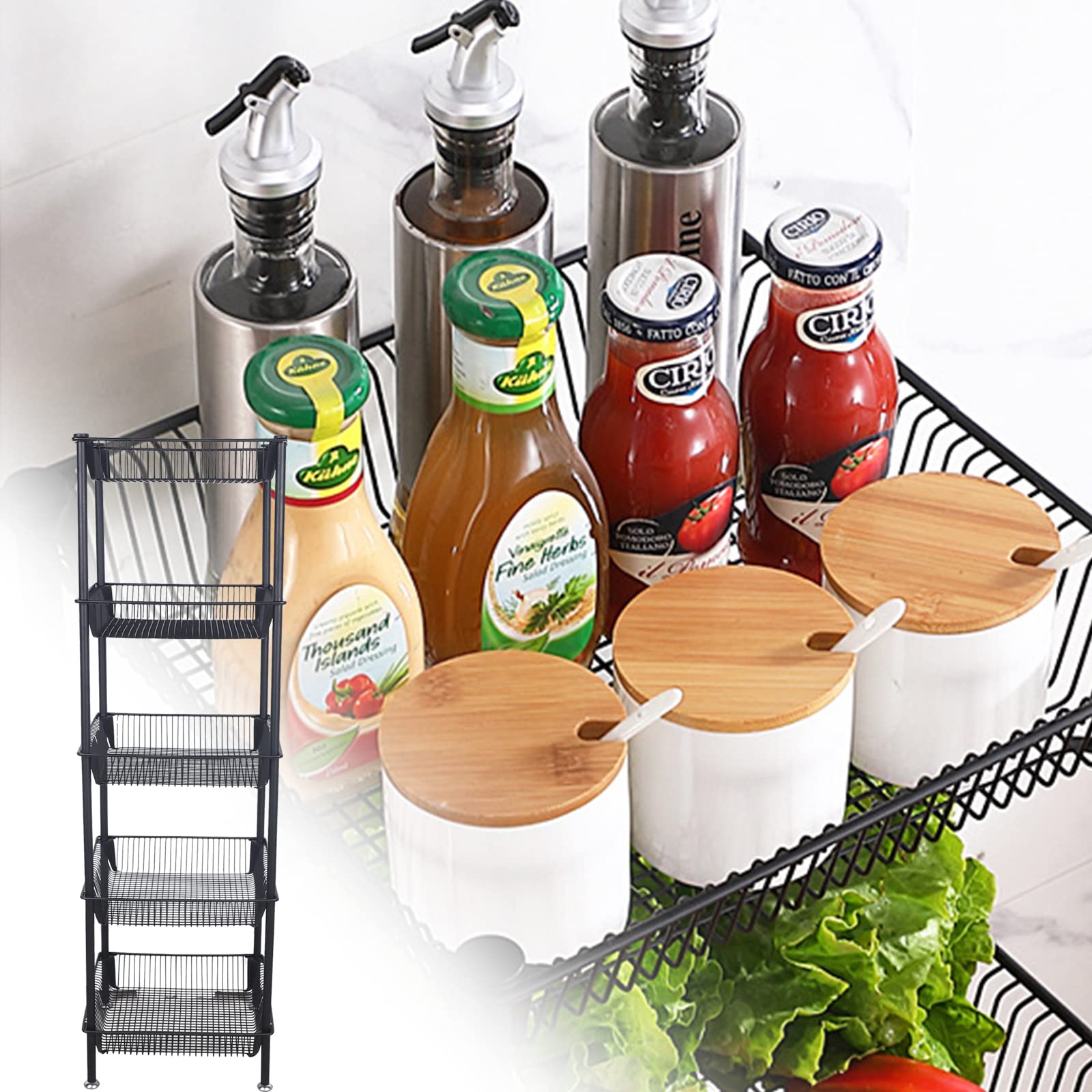 Metal Rolling Storage Cart with Lockable Wheels - Freestanding Kitchen Organizer for Fruits, Vegetables & More - Multifunctional Black Storage Shelf for Home, Office & Pantry Use
