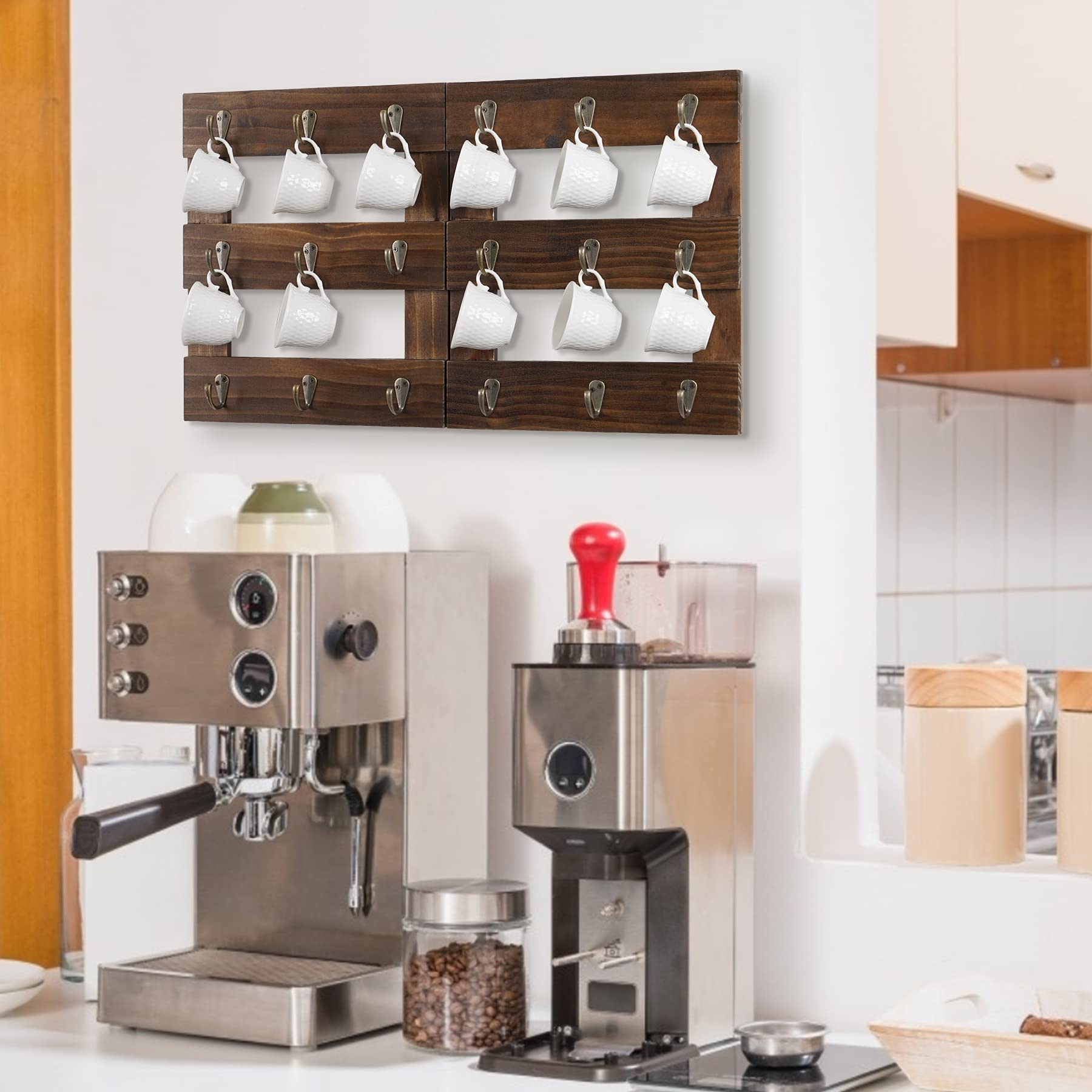 Foldable Wall Mounted Wood Coffee Mug Holder Stand with 18 Hooks - Dark Brown Cup Rack Organizer for Coffee Station, Kitchen Storage & Home Decor - Perfect for Small Spaces, Dorm Rooms & Office Organization