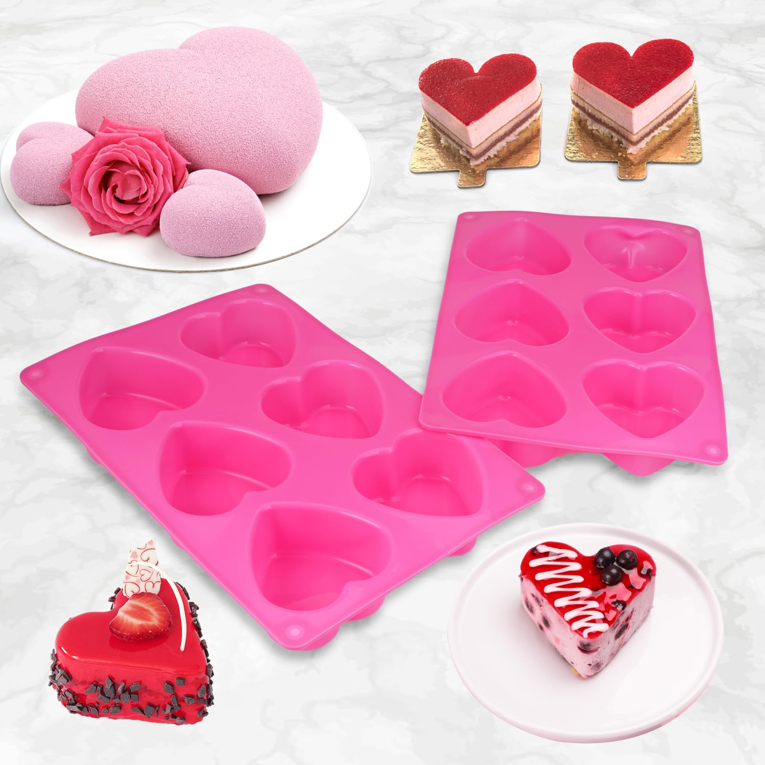 2-Piece Heart-Shaped Silicone Cake Mold Set - Non-Stick 3D Heart Baking Molds for Chocolate Mousse, Jelly, Cupcakes (Red) - Perfect for Valentine's Day, Birthday Parties & Romantic Desserts