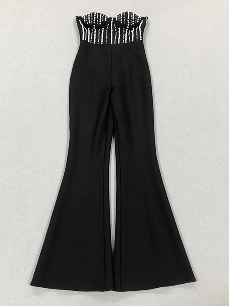 Celebrity Women's Luxury Sexy Strapless Pearl Black Bodycon Bandage Jumpsuit - 2025 High Street Designer Romper for Night Out, Club Party & Special Occasions