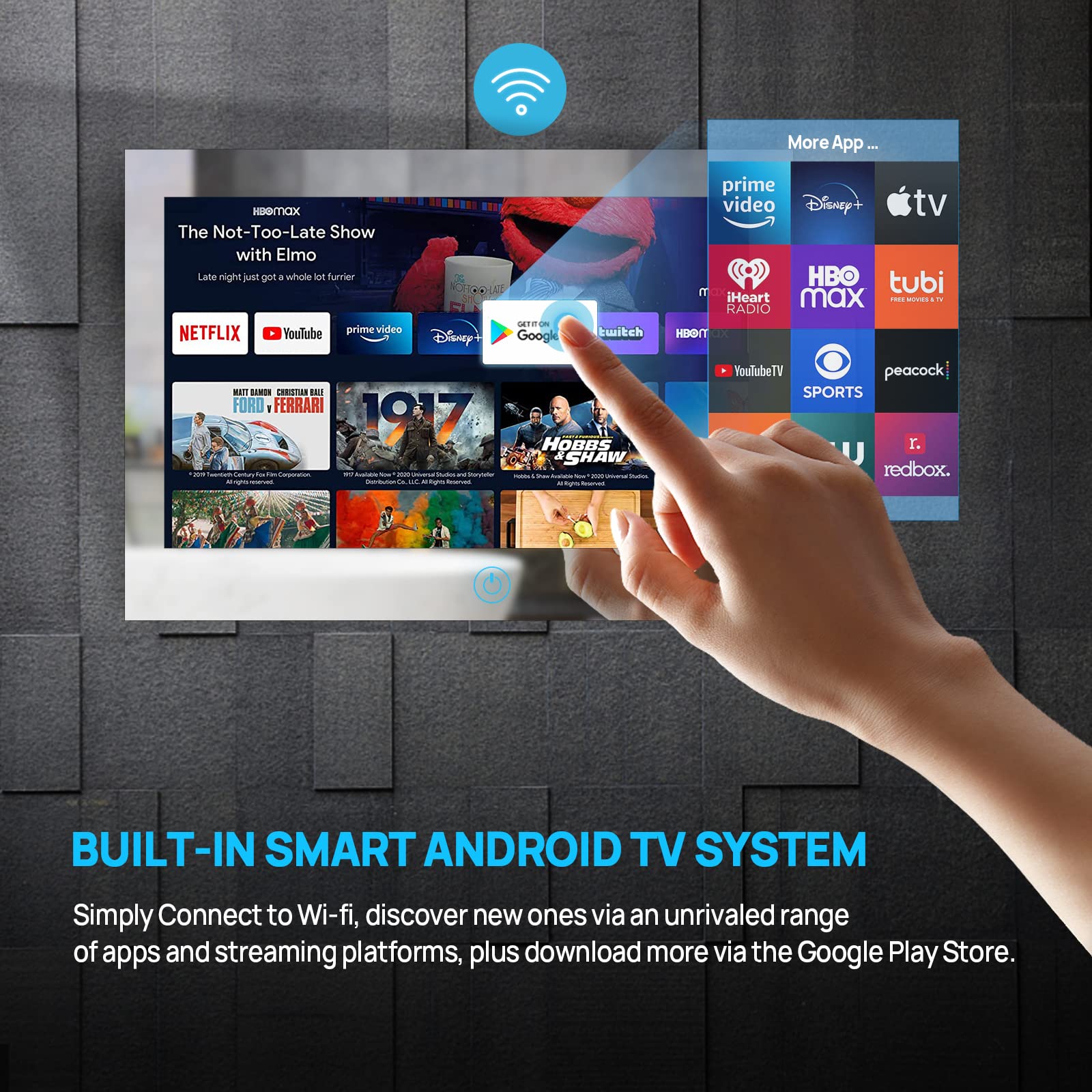 Haocrown 15.6 Inch Waterproof Smart Mirror TV with Touch Screen - Full HD 1080P, Built-in Wi-Fi 2.4/5G & Bluetooth, ATSC Tuner, USB/HDMI, Wall Mountable (8+64GB, HG156BM) - Perfect for Bathroom, Shower & Kitchen Entertainment