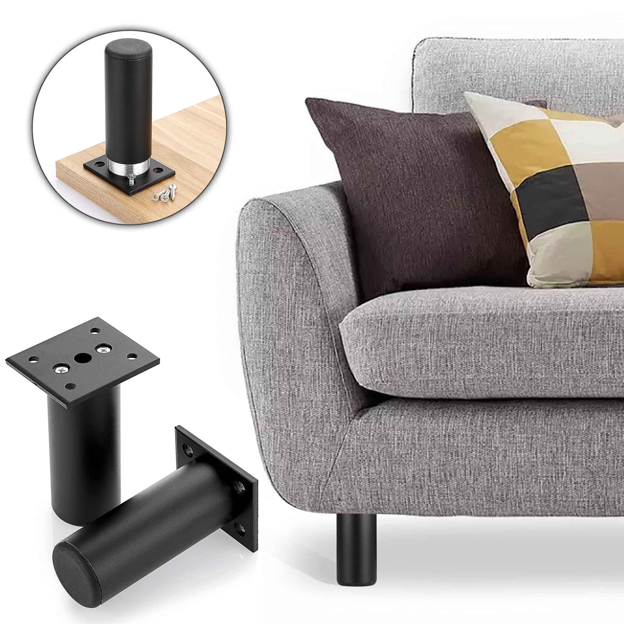 BTSKY 4Pcs 4 Inch Adjustable Heavy Duty Furniture Legs - Aluminum Alloy Replacement Feet for Cabinets, Tables, Sofas & Chairs - Black | Perfect for Home Office, Living Room & Kitchen Furniture Support