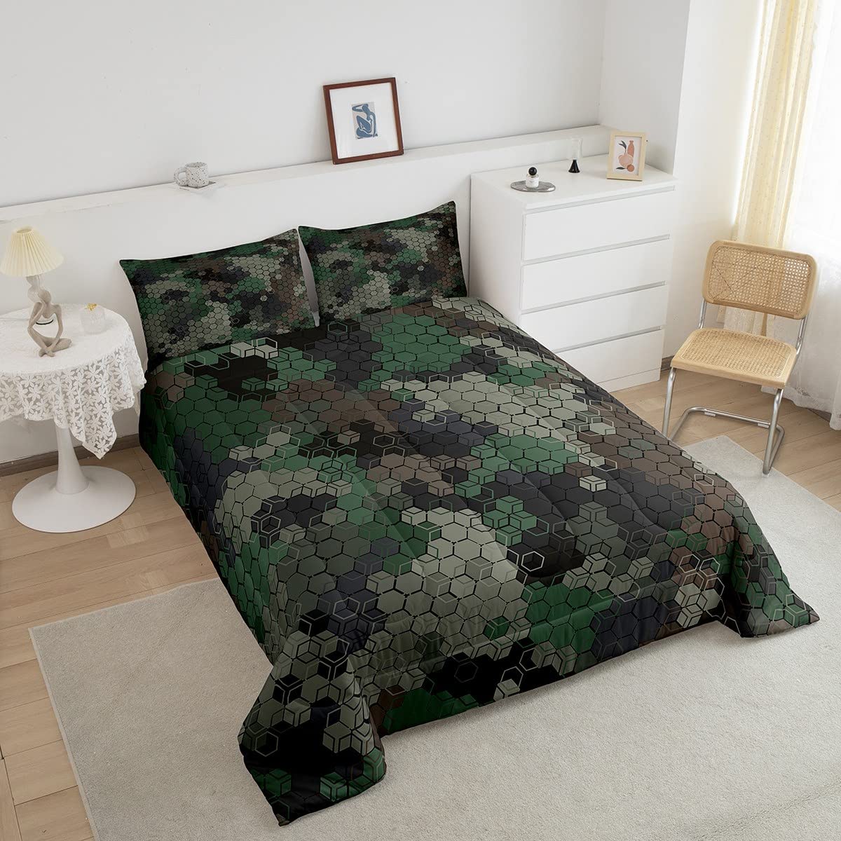 Army Camouflage Comforter Set Full Size - Honeycomb Camo Bedding for Teens, Adults, Kids - Green & Brown Geometric Duvet Cover with Pillowcases - Perfect for Boys & Girls Bedroom Decor, Camping Themed Rooms, and Military Style Home Design