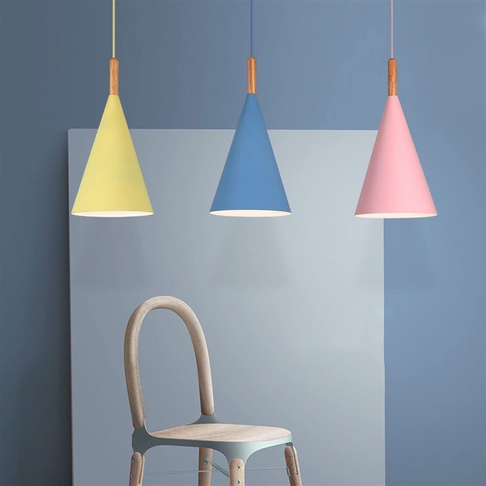 Modern Cone Shaped Wood Pendant Lighting - Minimalist E27 Hanging Chandelier for Kitchen Island, Dining Room, Living Room & Bedroom - Blue Wooden Ceiling Lamp for Farmhouse, Loft & Contemporary Home Decor