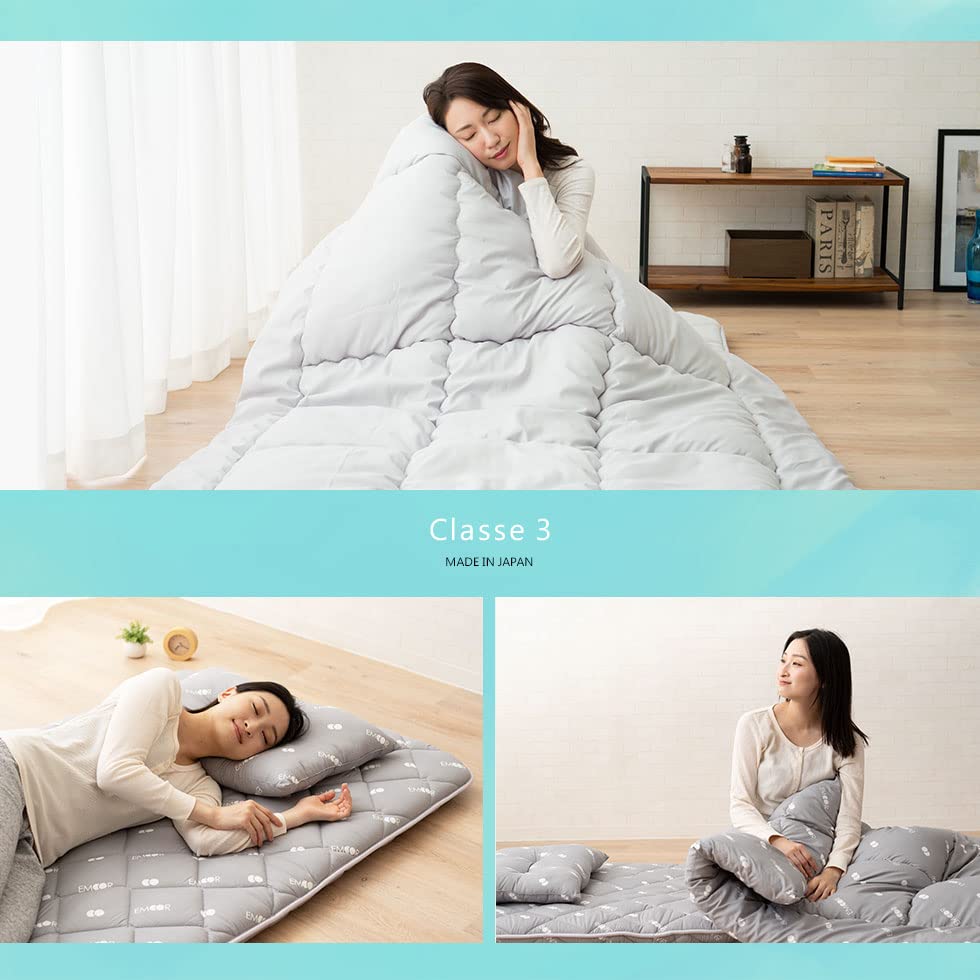 EMOOR Japanese Futon Set - Twin-XL Foldable Tatami Mattress, Comforter & Pillow | Authentic Made in Japan Gray Shikibuton with Logo | Perfect for Small Spaces, Guest Rooms & Minimalist Bedrooms (CLASSE III Certified)