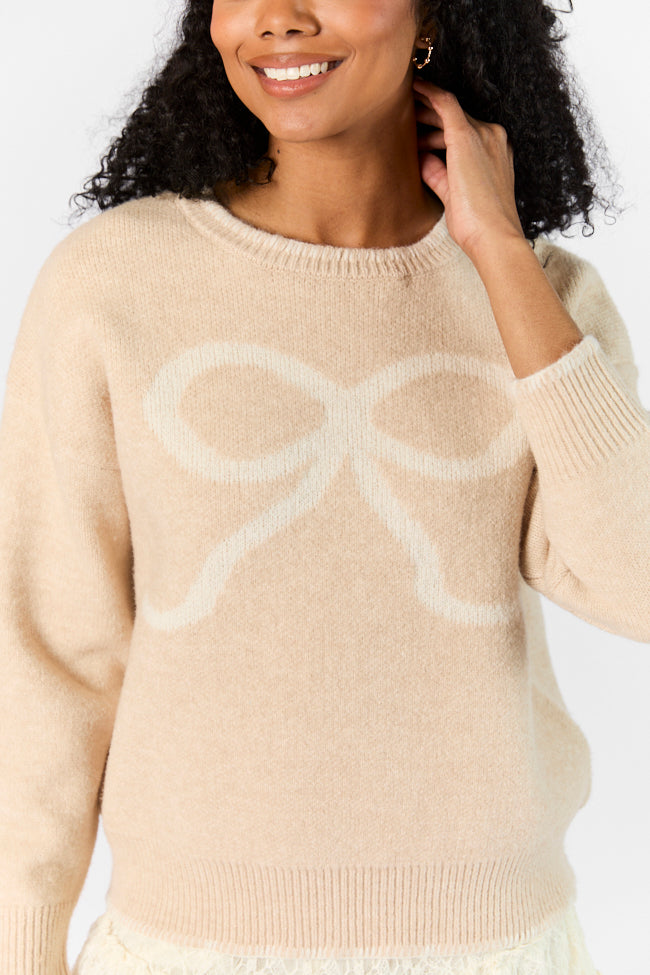 Peek A Bow Beige and Ivory Crew Neck Sweater for Women - Soft Knit Pullover Top for Fall & Winter - Casual Office Wear & Holiday Outfits