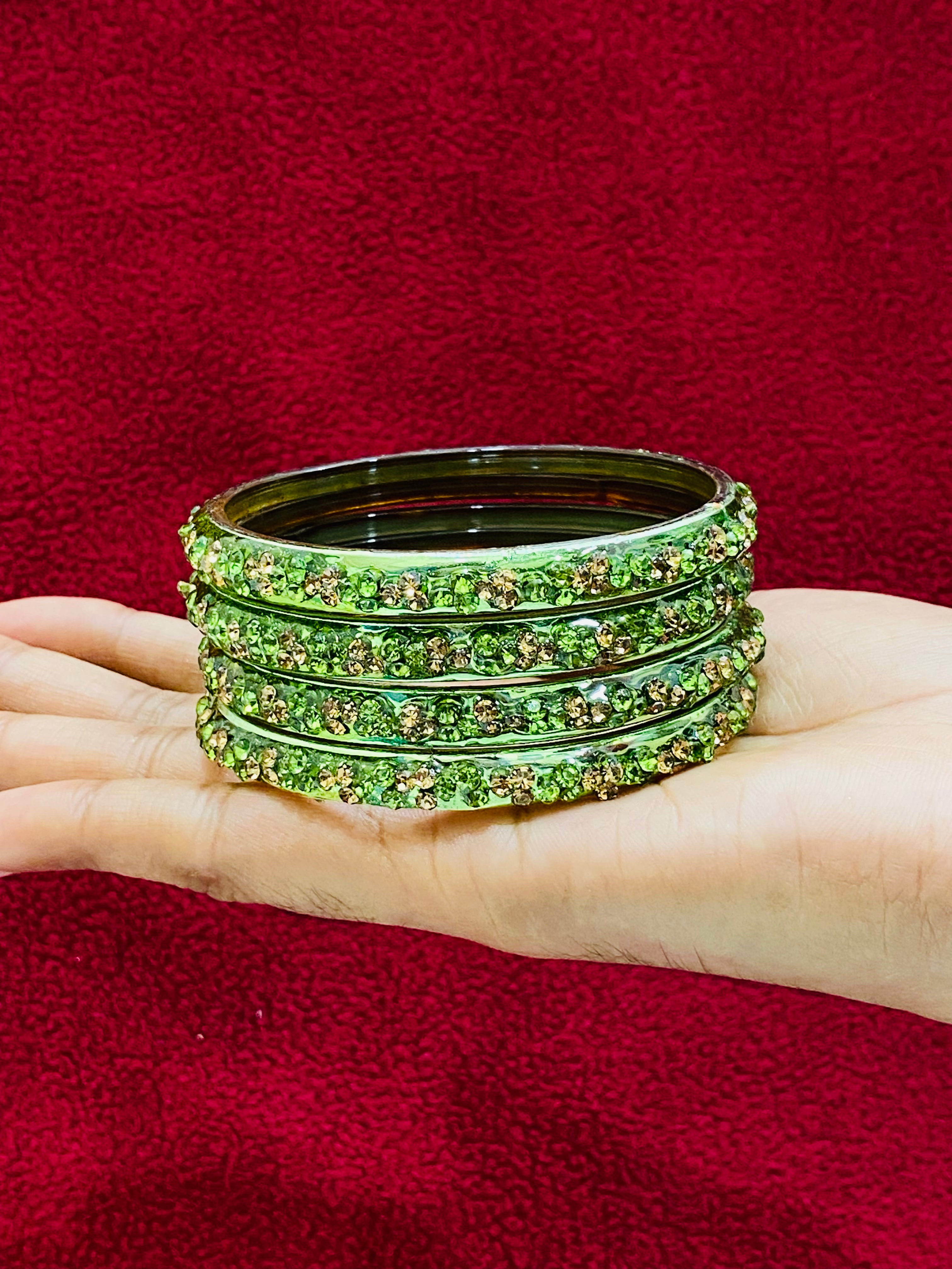 Elegant Light Green Stone-Design Glass Bangles for Women - Perfect for Parties, Weddings & Special Occasions