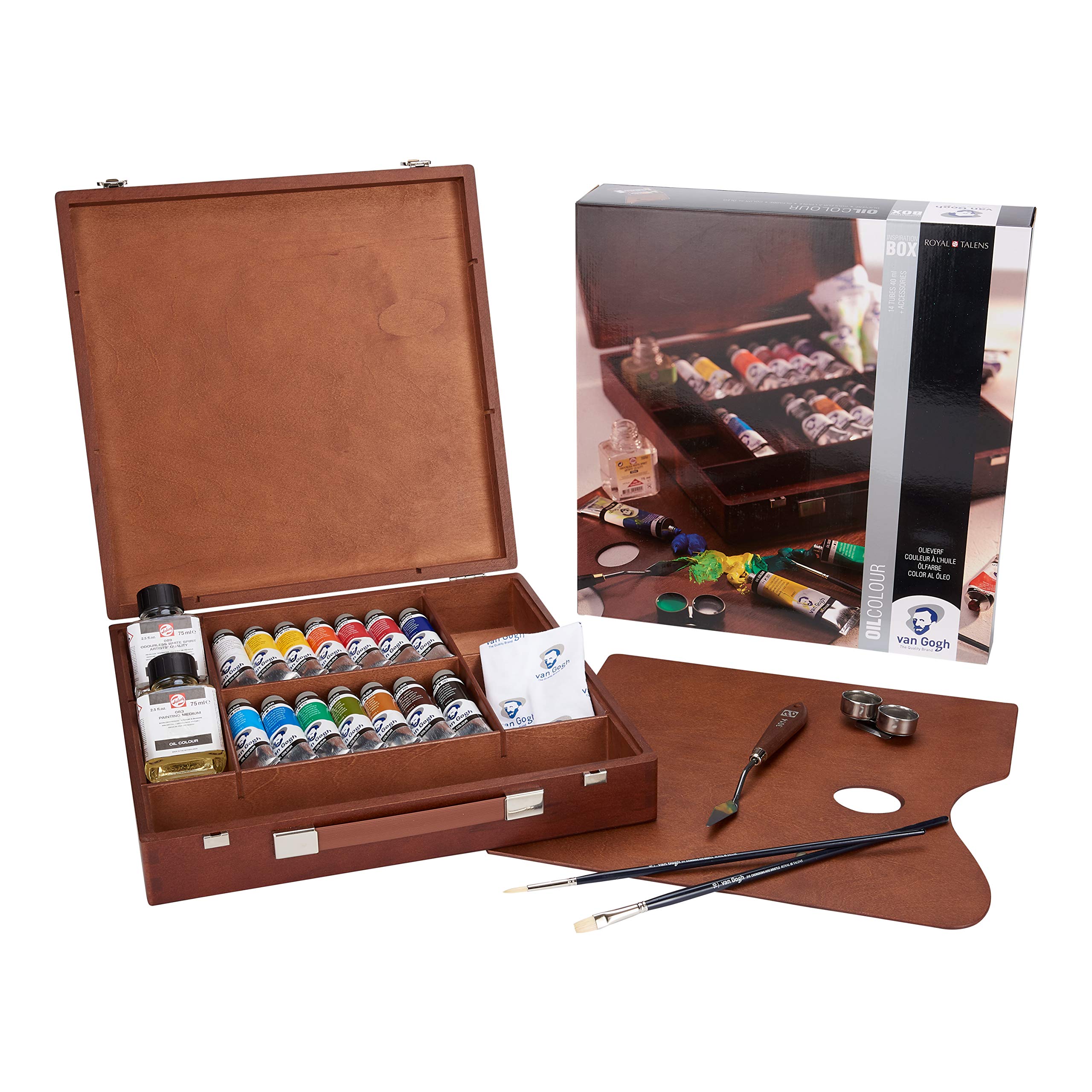 Van Gogh Oil Paint Set - 14x40ml Tubes with Premium Brushes & Wooden Storage Box - Professional Artist Supplies for Canvas Painting & Art Projects