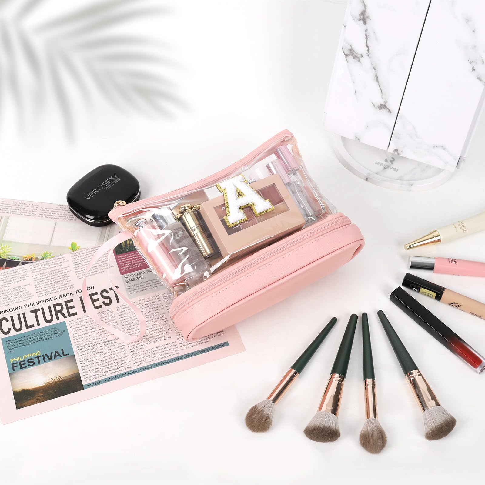 Personalized Initial Makeup Bag - Small Clear Zippered Cosmetic Pouch, Waterproof PU Leather Brush Organizer (Pink) | Perfect for Travel, Gym & Daily Essentials Storage