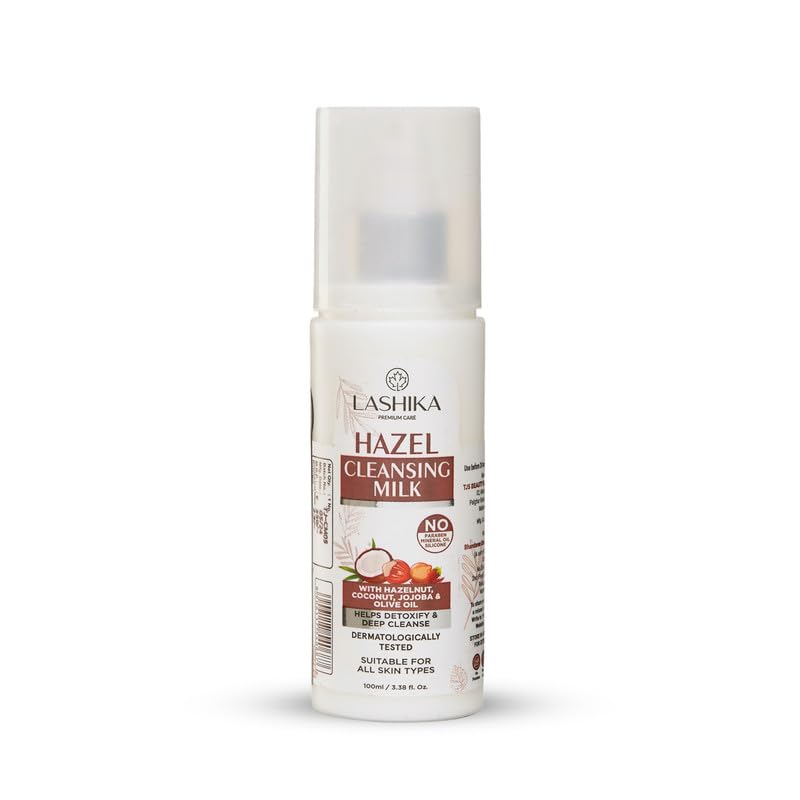 Lashika Hazel Cleansing Milk with Hazelnut, Coconut Oil, Jojoba, Olive Oil & Almond Oil - Natural Makeup Remover & Face Cleanser for Sensitive Skin (100ml) | Gentle Daily Cleansing for Dry & Oily Skin Types