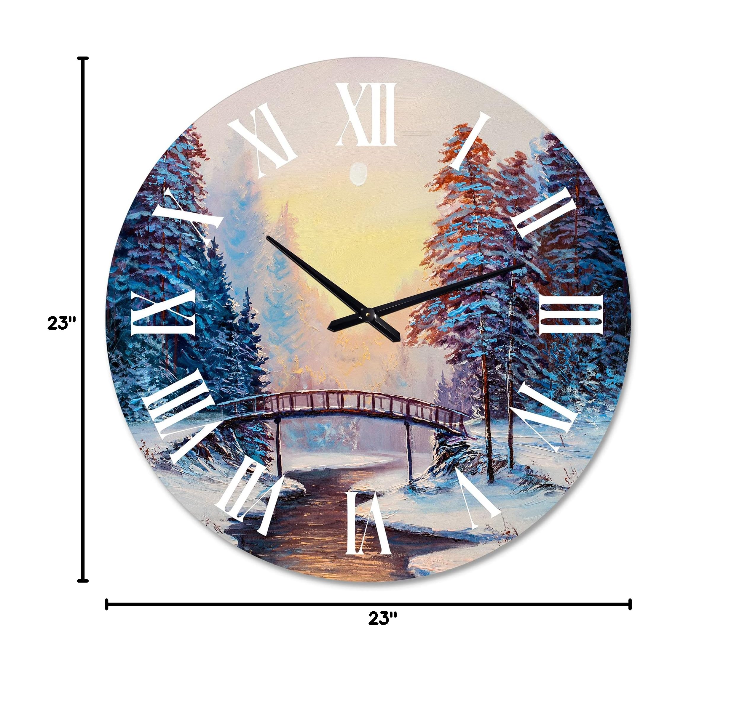 DesignQ Traditional Wall Clock - Little Bridge & Snow Covered Landscape - Large Decorative Clock for Living Room, Bedroom, Office - Perfect for Home Decor & Gifts