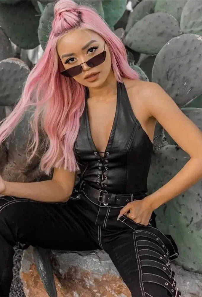 Sexy Black PU Leather Halter Crop Top for Women - Backless Hollow Out Rave Festival Tank Top - Summer Streetwear Fashion (C83 BE10) | Perfect for Music Festivals, Nightclubs, Beach Parties & Casual Outings