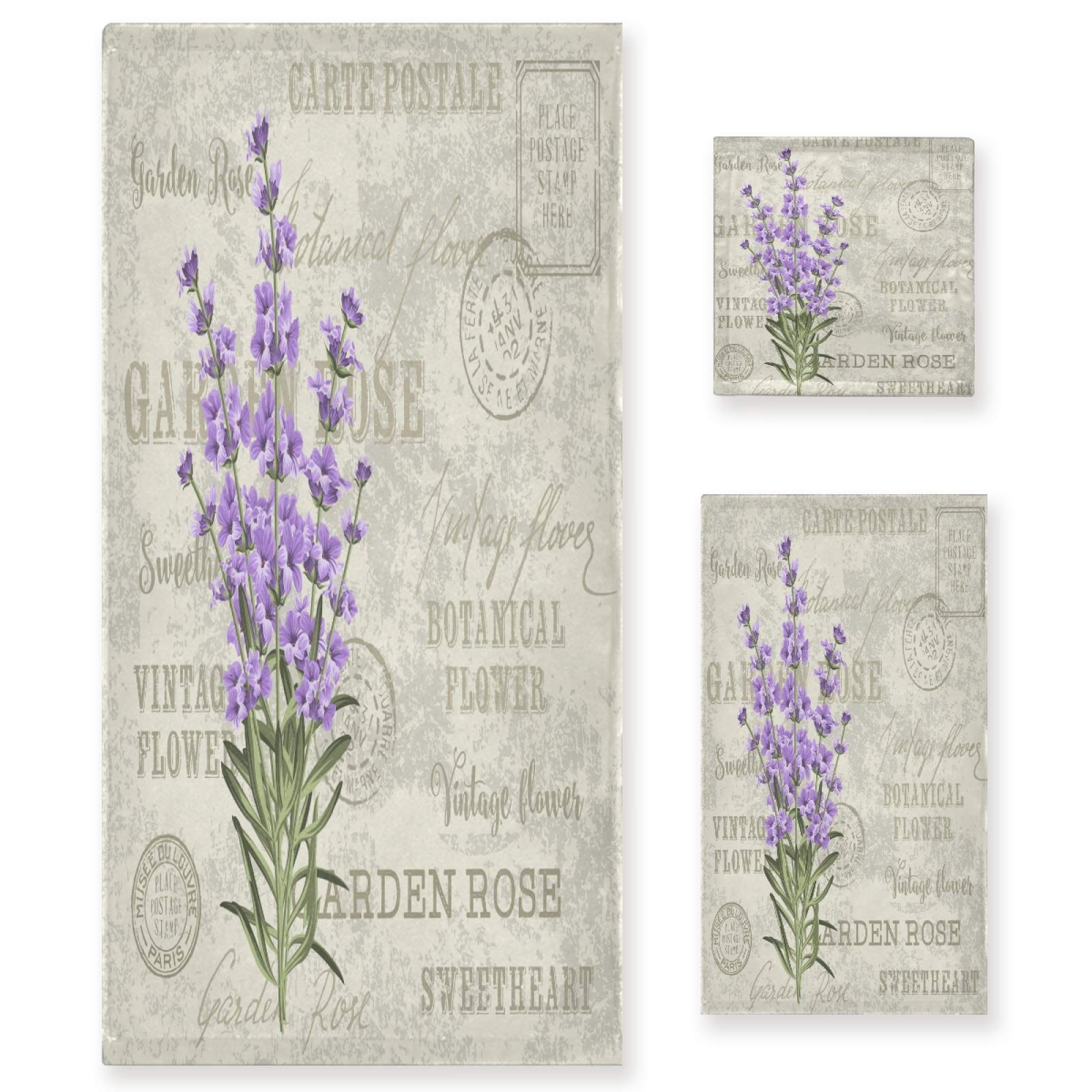 Retro Lavender Flower Bath Towel Set - 3 Piece Soft Highly Absorbent Towels for Bathroom, Gym, Hotel & Spa | Includes Hand Towel, Bath Towel & Washcloth | Perfect for Home, Travel & Luxury Self-Care