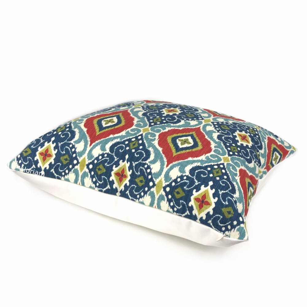 Handmade Ethnic Tile Pillow Cover - Blue, Green & Red Geometric Design - Bohemian Home Decor for Sofa, Bed & Living Room