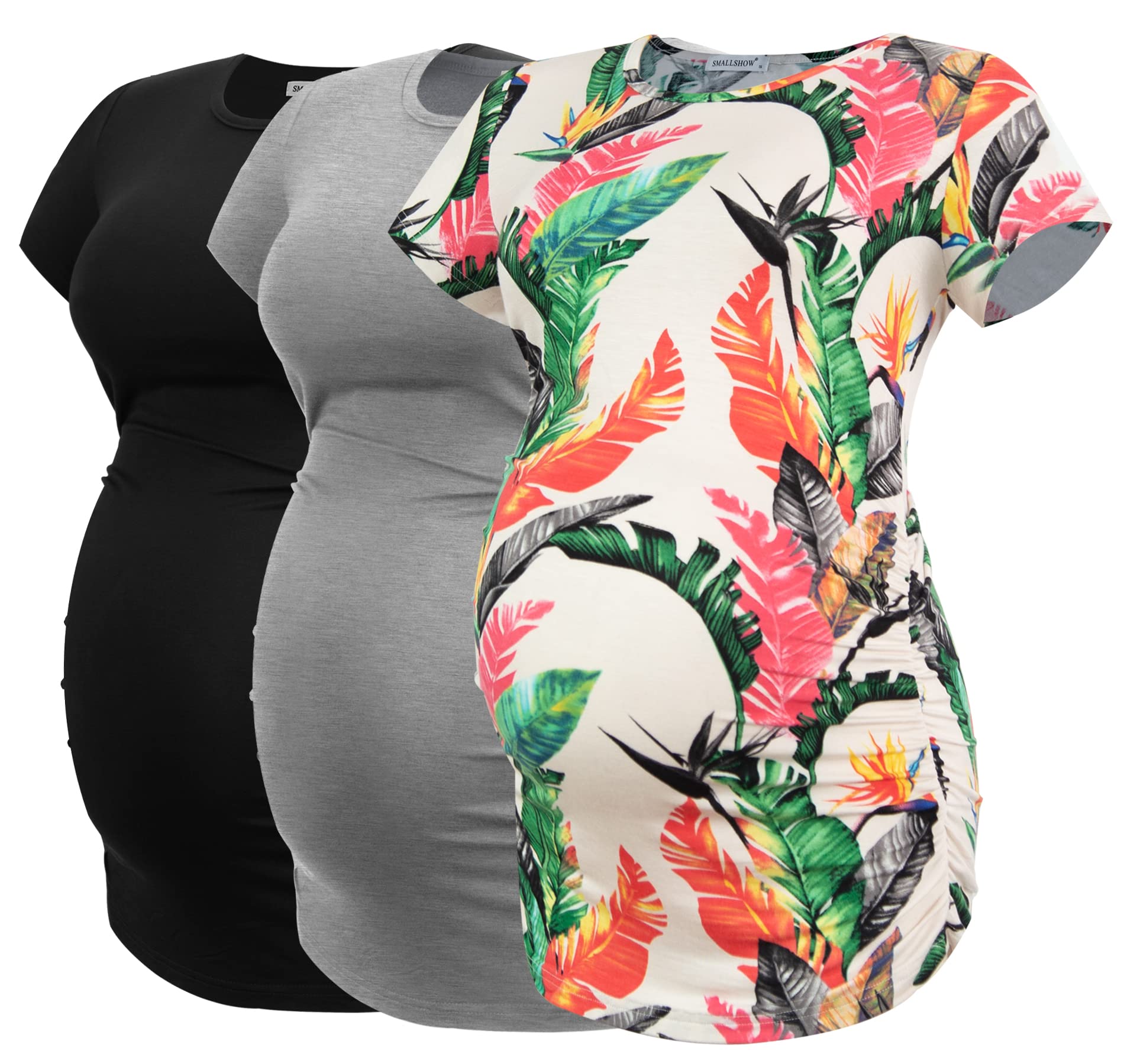 Smallshow Women's Maternity Shirts - Side Ruched Tunic Tops for Pregnancy, Comfortable Stretch Nursing Clothes 3-Pack (Black/White/Gray) - Perfect for Work, Casual Wear & Breastfeeding