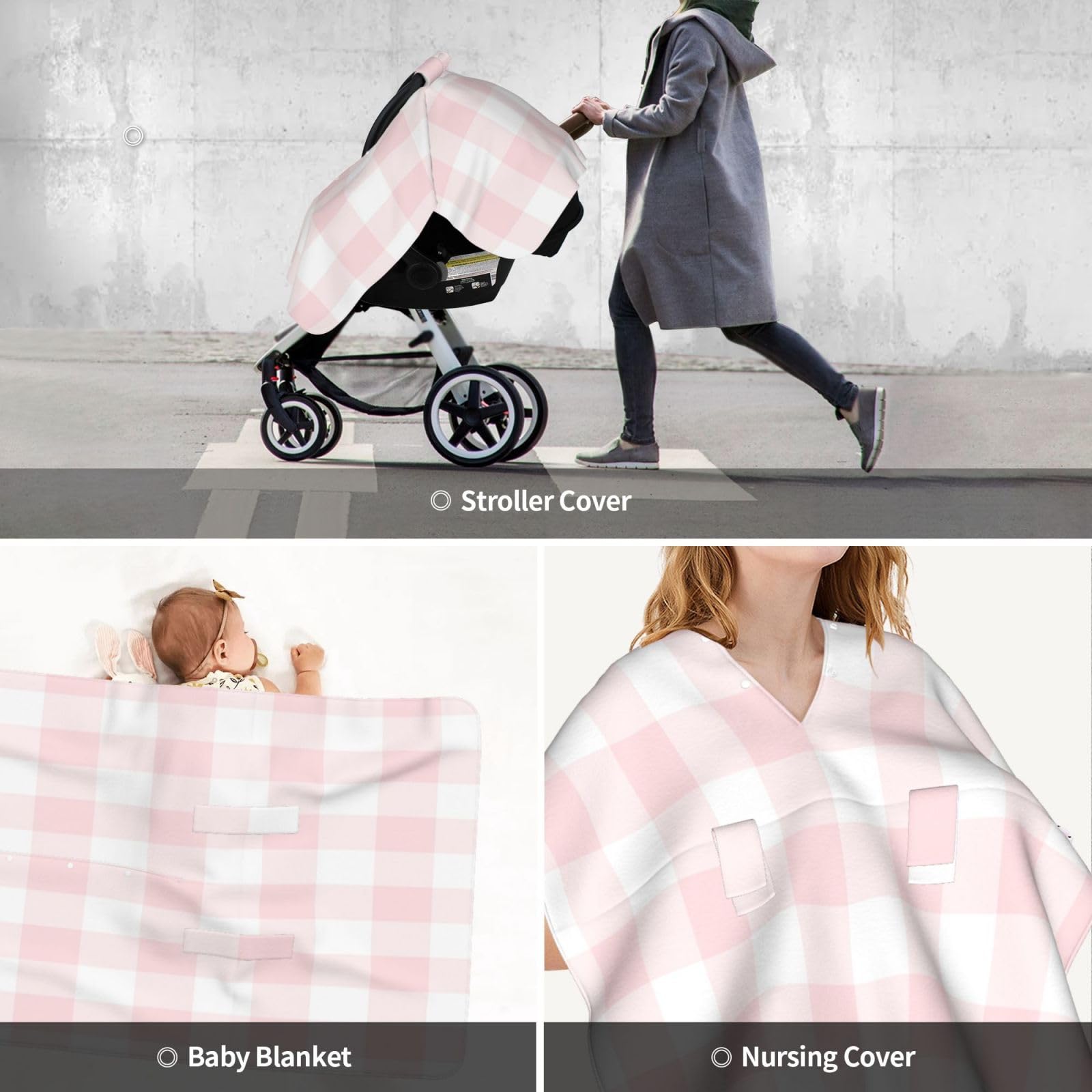 Pink Plaid Baby Car Seat Cover with Peekaboo Opening - Soft Nursing Car Seat Canopy for Newborns & Infants - Perfect for Travel, Stroller, and Shopping Trips