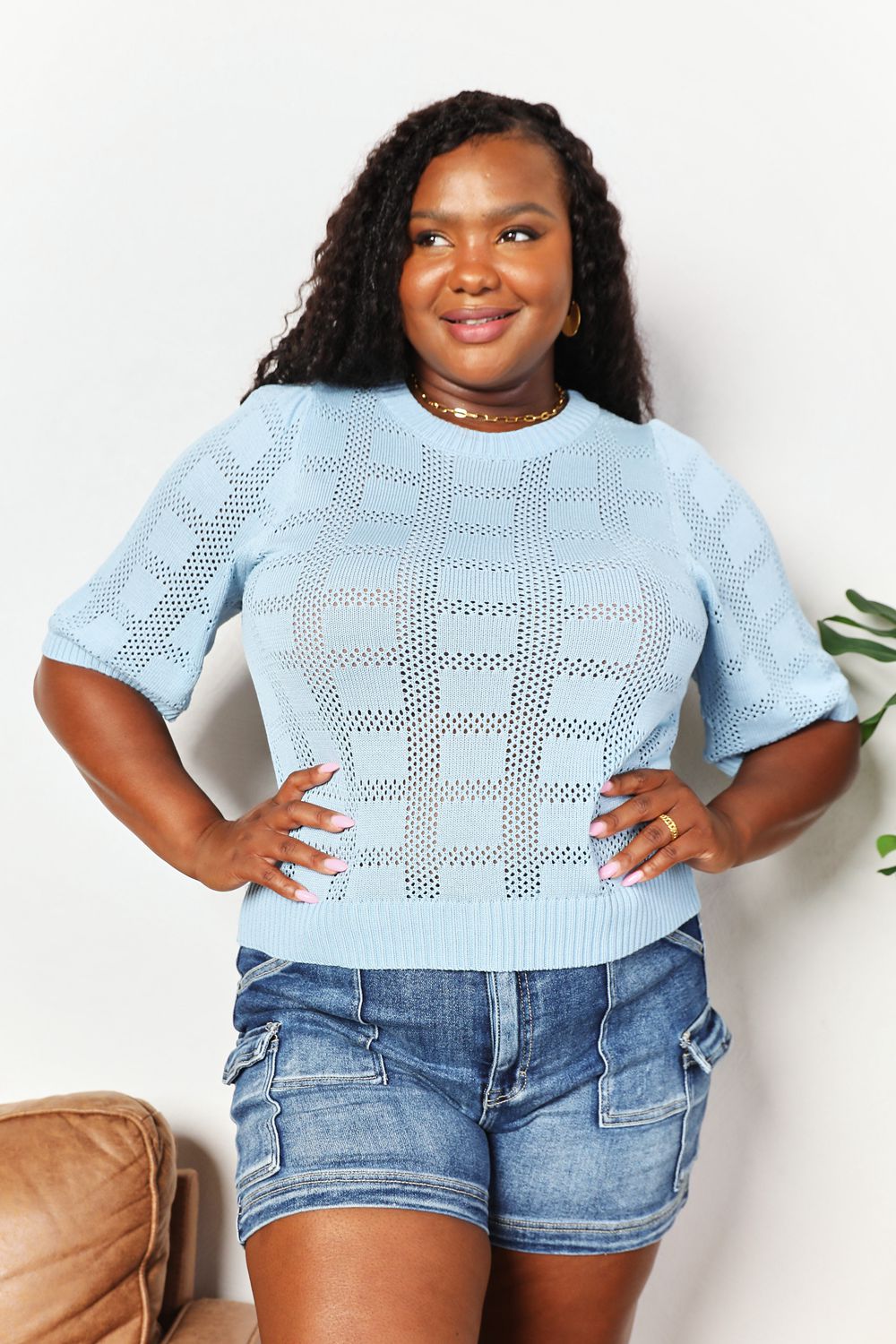 Stylish Ribbed Trim Round Neck Knit Top for Women - Soft Stretch Casual T-Shirt | Perfect for Layering, Everyday Wear & Office Outfits