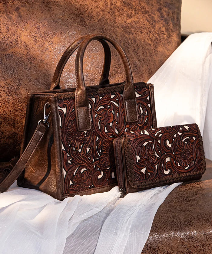 Trinity Ranch Genuine Leather Tooled Tote Bag - Western Style Handbag for Women, Perfect for Work, Travel and Everyday Use