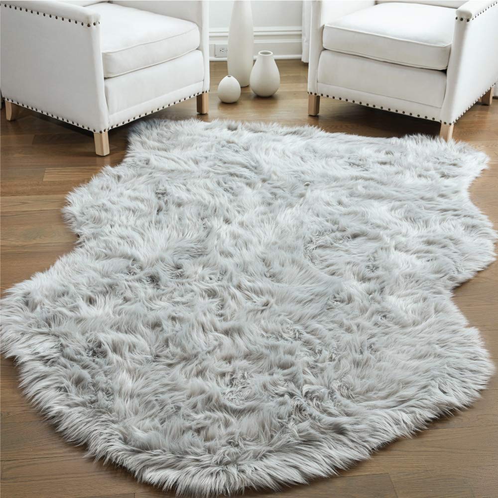 Gorilla Grip 5x7 Fluffy Faux Fur Washable Area Rug - Ultra Soft Shag Carpet for Nursery, Bedroom & Living Room - Luxury Home Decor with Non-Slip Rubber Backing - Light Gray Plush Sheepskin Style Rug - Perfect for Cozy Spaces, Kids Rooms & Modern Interior Design