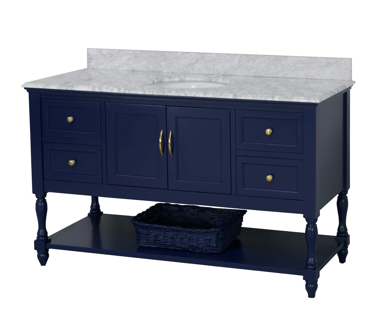 Beverly 60-inch Single Bathroom Vanity with Carrara Marble Top & Royal Blue Cabinet - White Ceramic Sink Included | Modern Bathroom Furniture for Master Bath, Guest Bath & Powder Room | Durable Italian Marble Countertop & Spacious Storage