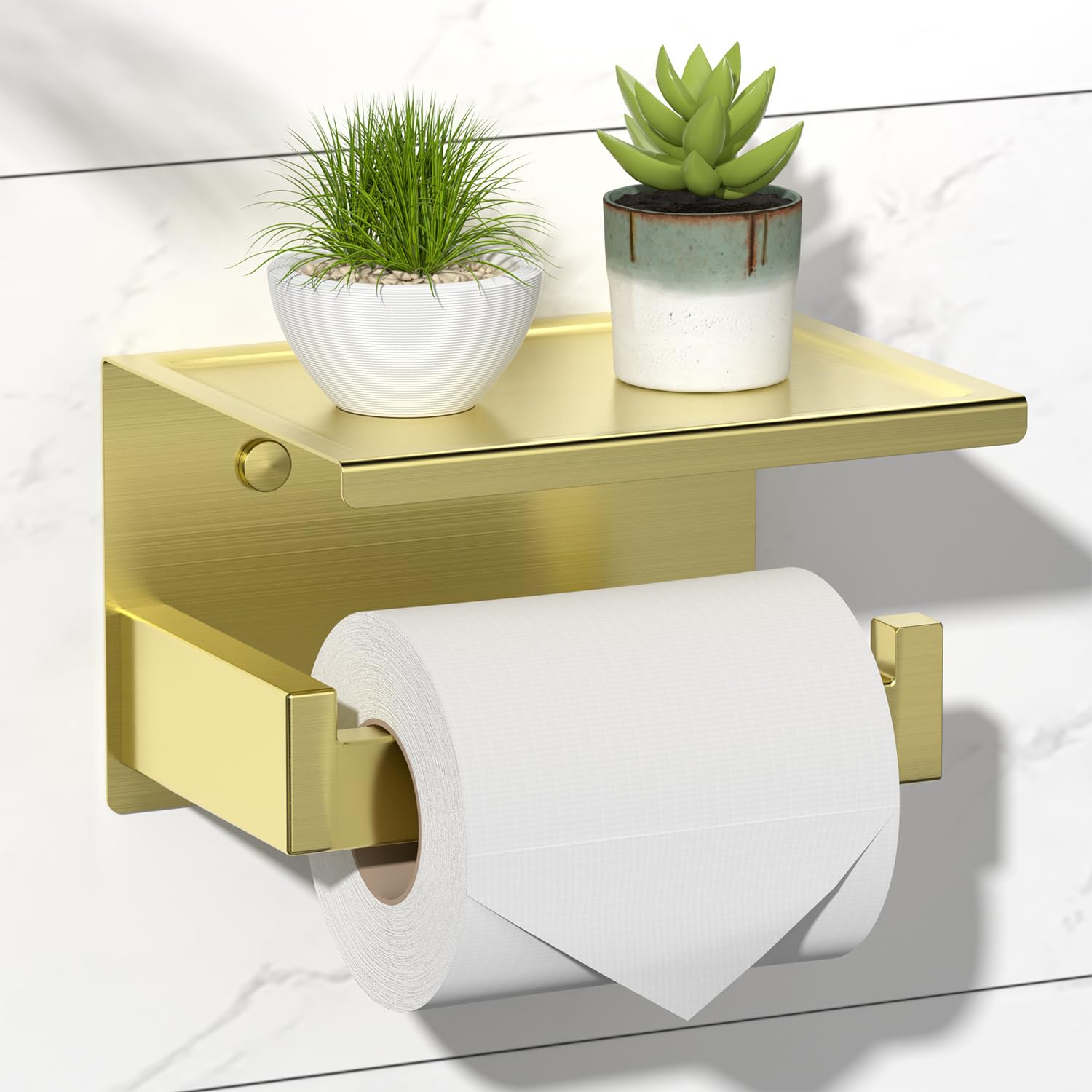 HITSLAM Gold Toilet Paper Holder - Brushed Brass Adhesive Wall-Mounted Bathroom Tissue Holder with Shelf - No Drilling Required, Easy Installation for Small Bathrooms, Apartments and RVs