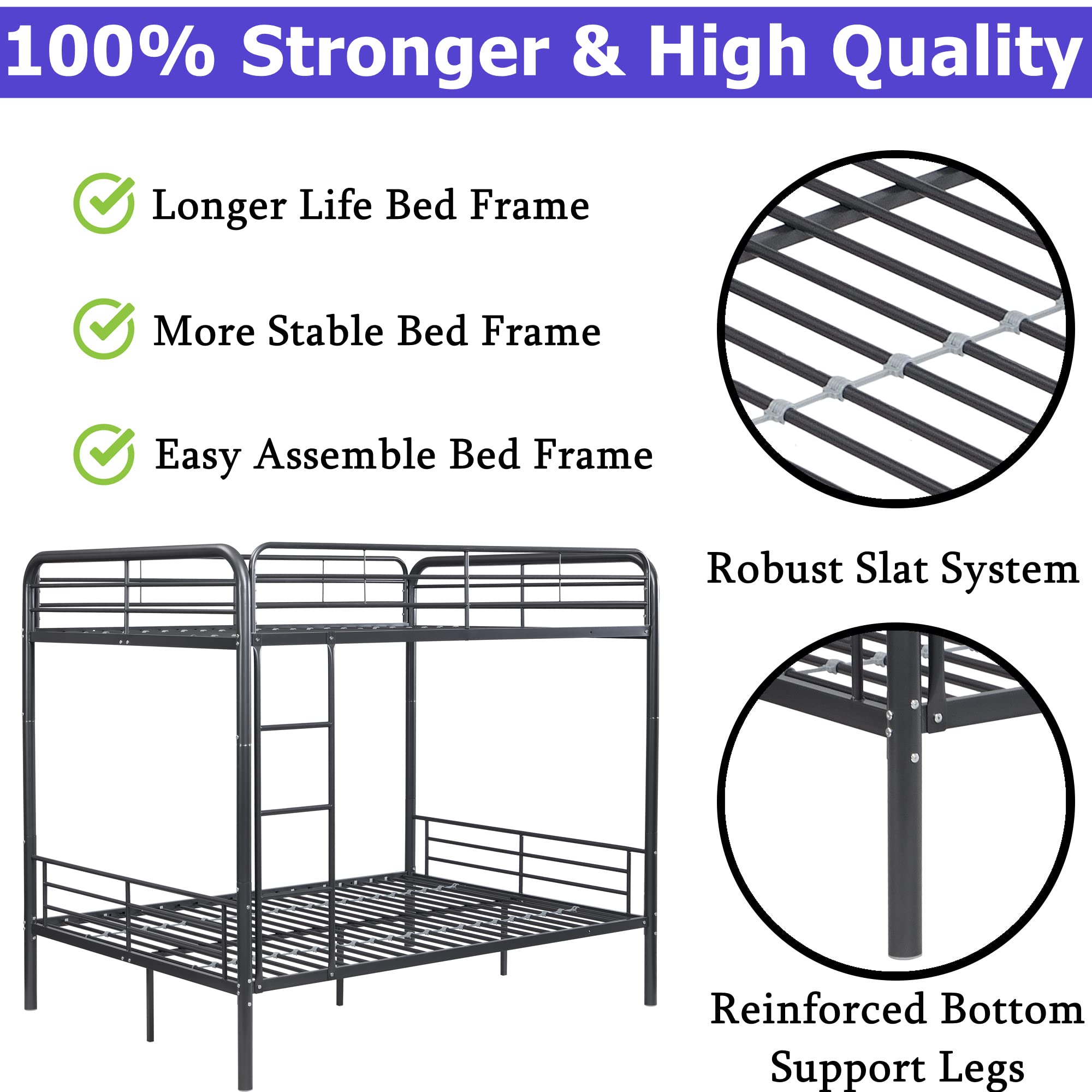 Heavy Duty Full Over Full Metal Bunk Bed with Ladder & Rails - Convertible for Kids & Adults - Perfect for Dorms & Small Spaces